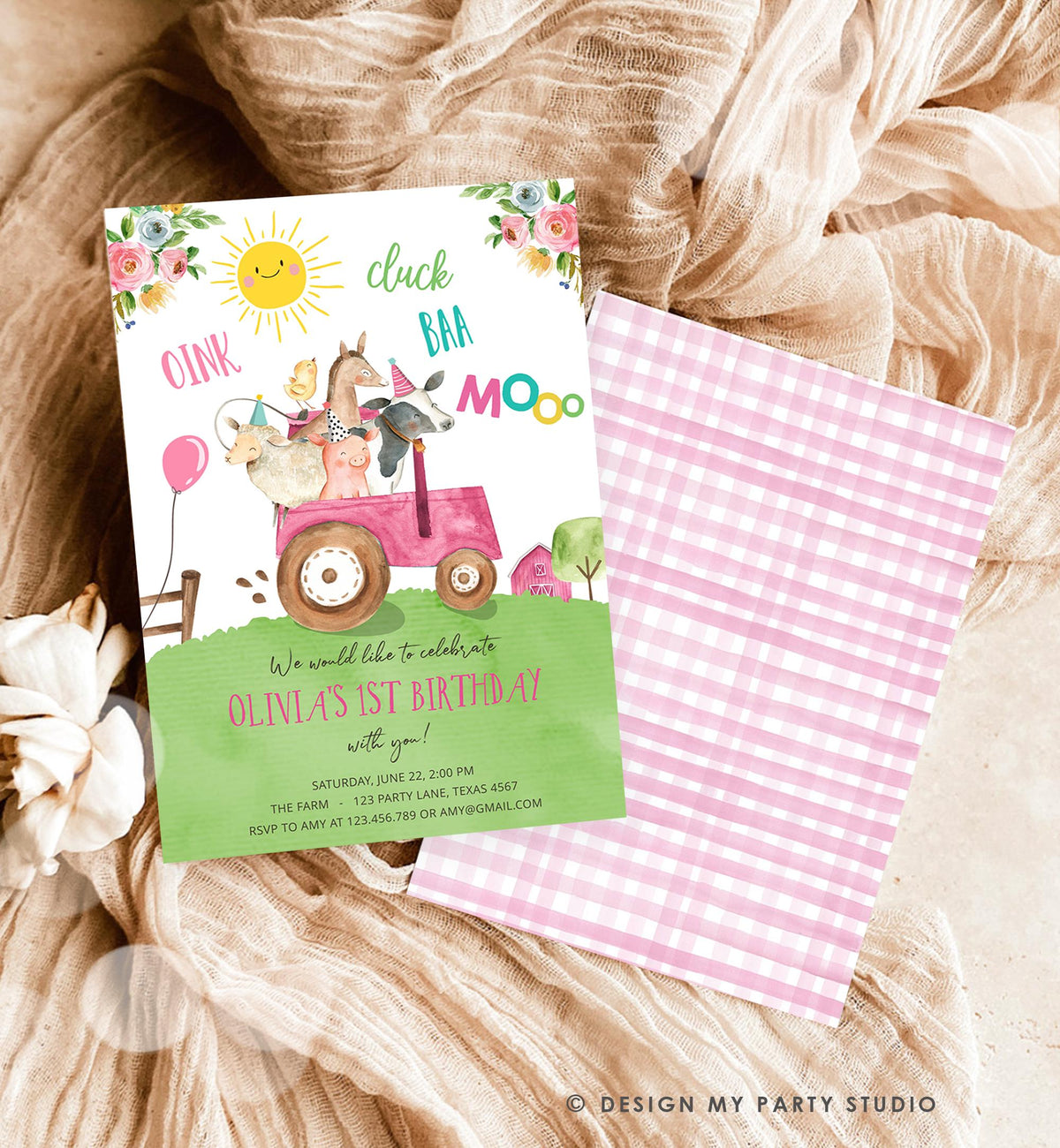 Editable Farm Animals Birthday Invitation Girl Party Animals Boy Barnyard Pink Tractor Party Digital Download Evite Template Printable 0155