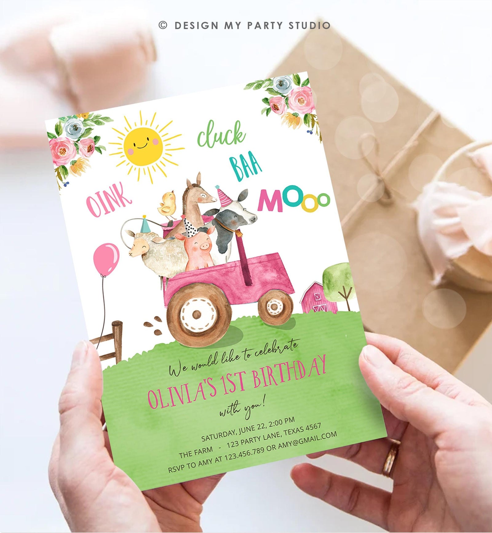 Editable Farm Animals Birthday Invitation Girl Party Animals Boy Barnyard Pink Tractor Party Digital Download Evite Template Printable 0155