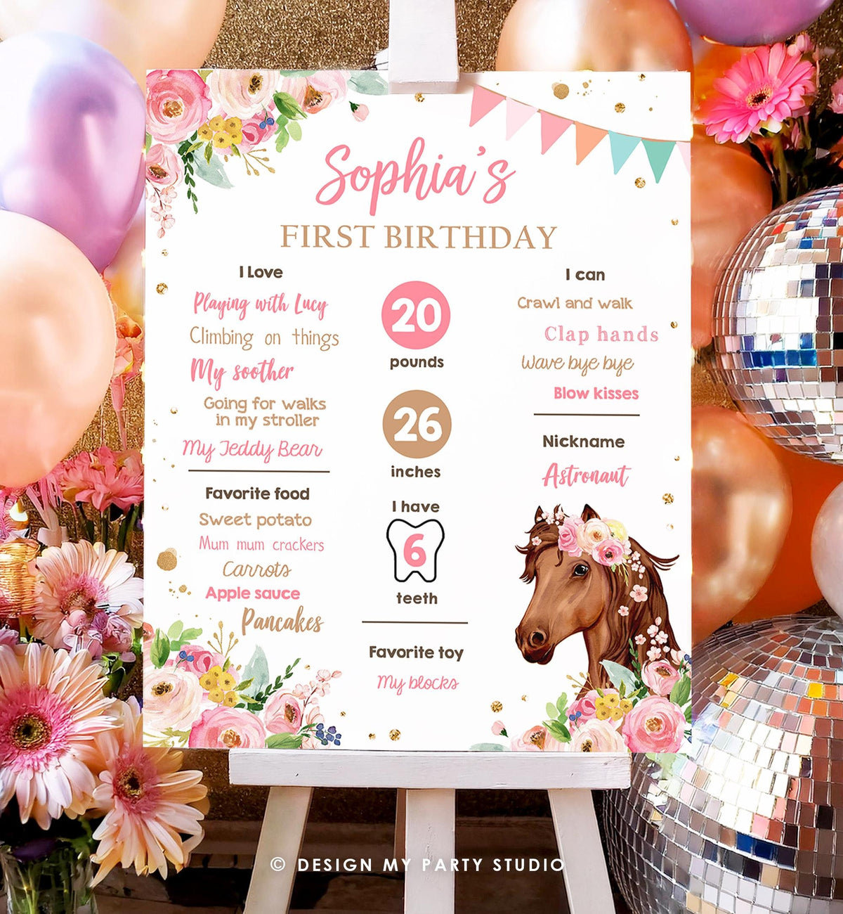 Editable Horse Birthday Milestones Sign First Birthday 1st Disco Rodeo Western Girl Pink Floral Download Digital Template Printable 0408