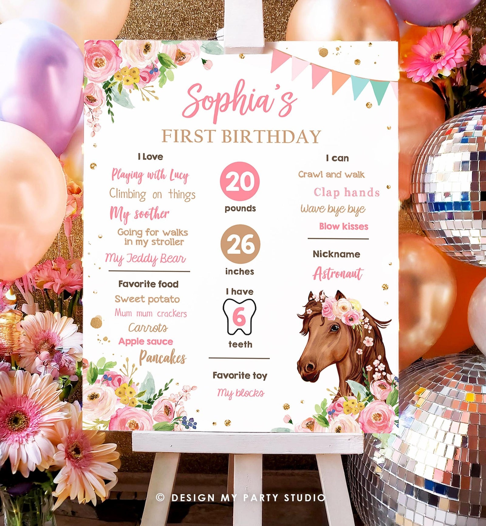 Editable Horse Birthday Milestones Sign First Birthday 1st Disco Rodeo Western Girl Pink Floral Download Digital Template Printable 0408