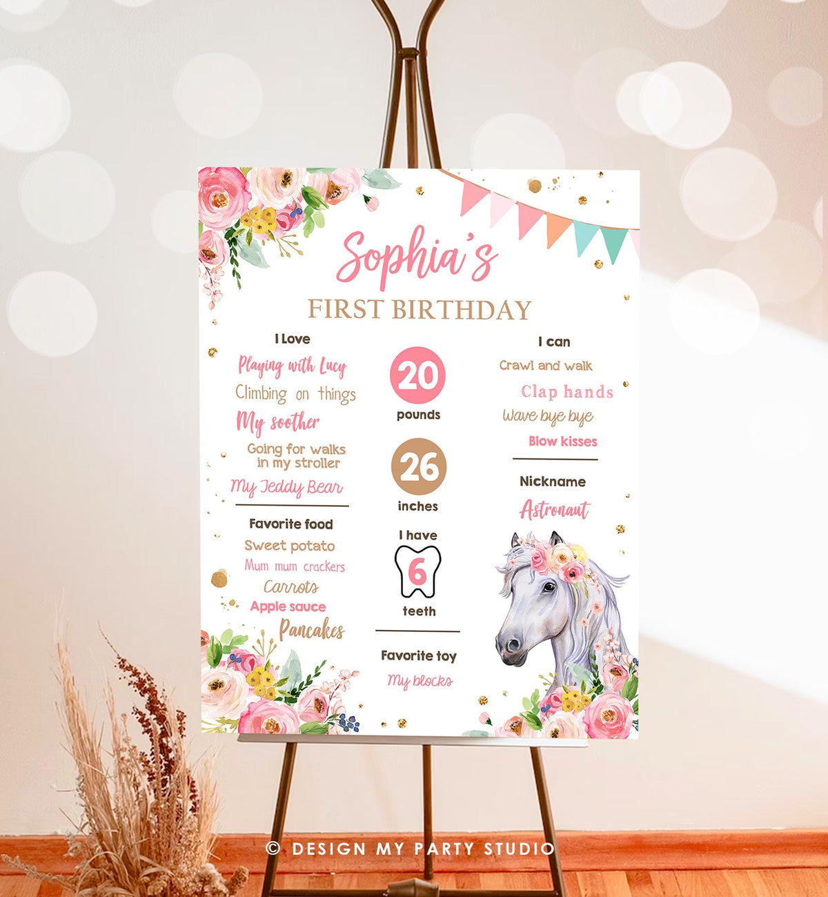 Editable Horse Birthday Milestones Sign First Birthday 1st Disco Rodeo Western Girl Pink Floral Download Digital Template Printable 0408