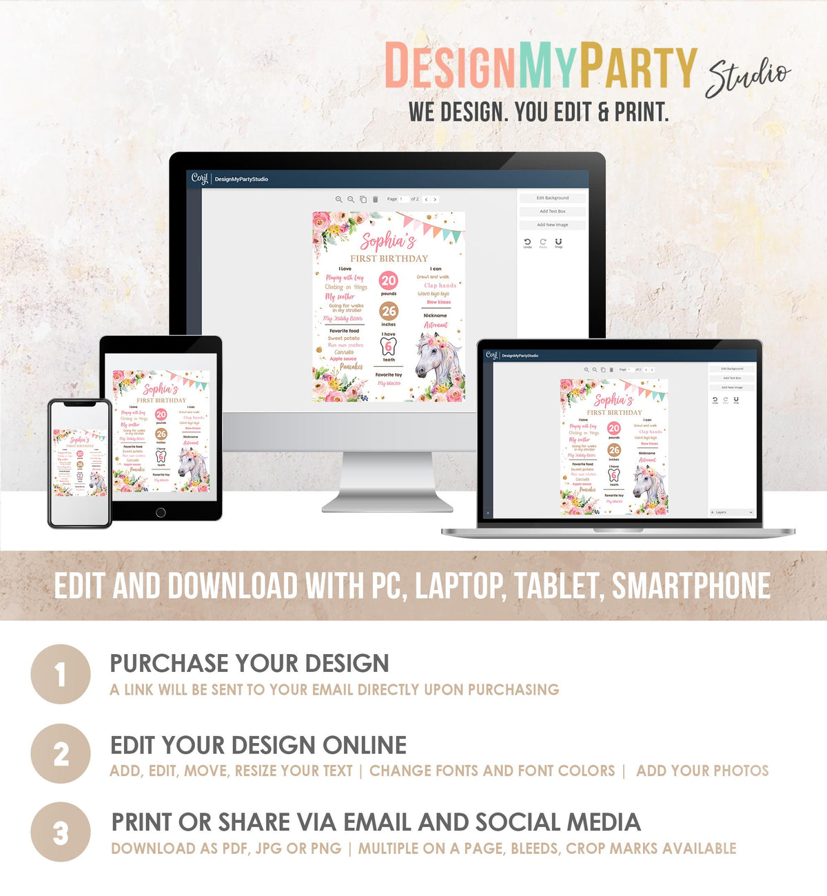 Editable Horse Birthday Milestones Sign First Birthday 1st Disco Rodeo Western Girl Pink Floral Download Digital Template Printable 0408