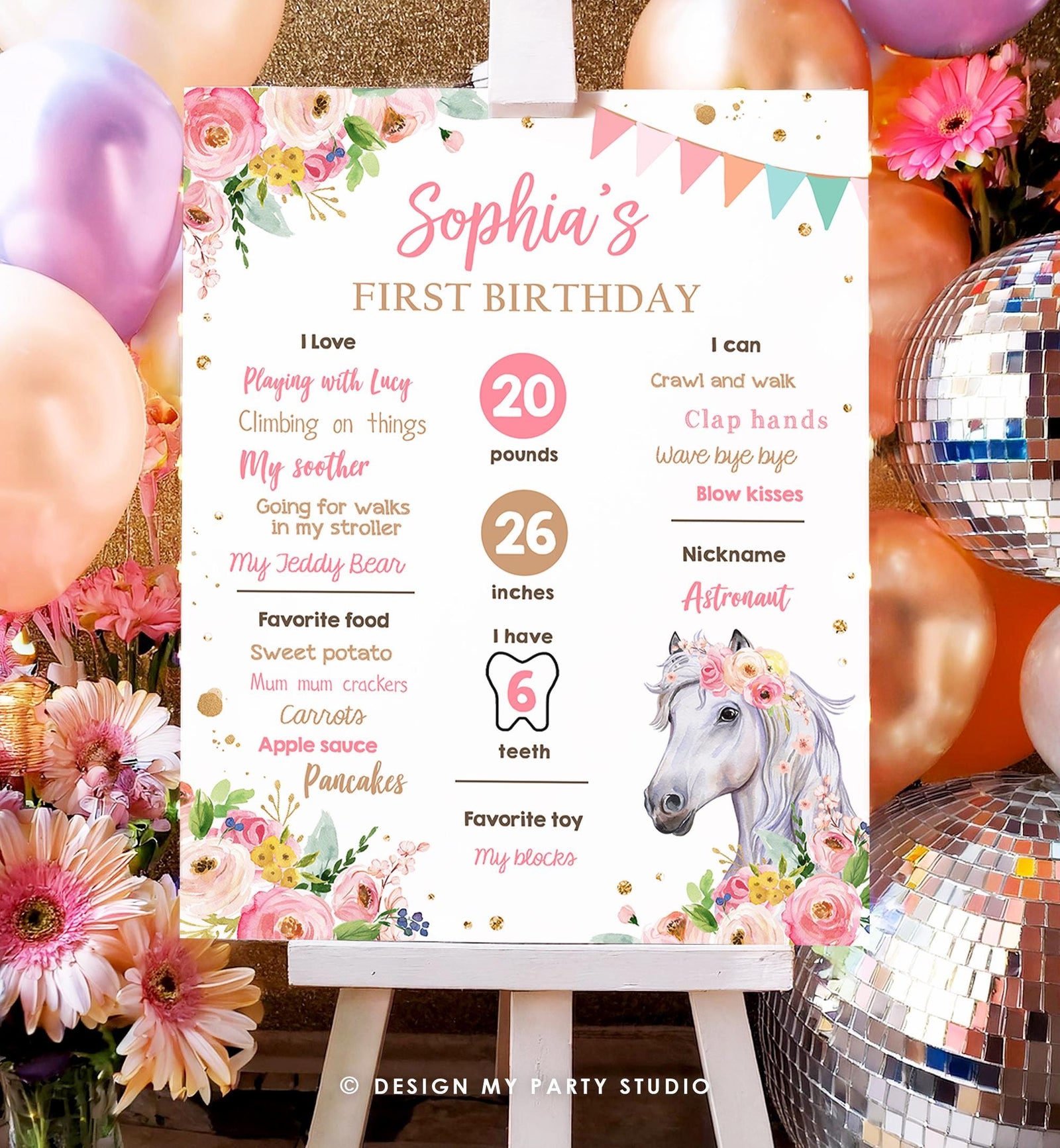 Editable Horse Birthday Milestones Sign First Birthday 1st Disco Rodeo Western Girl Pink Floral Download Digital Template Printable 0408