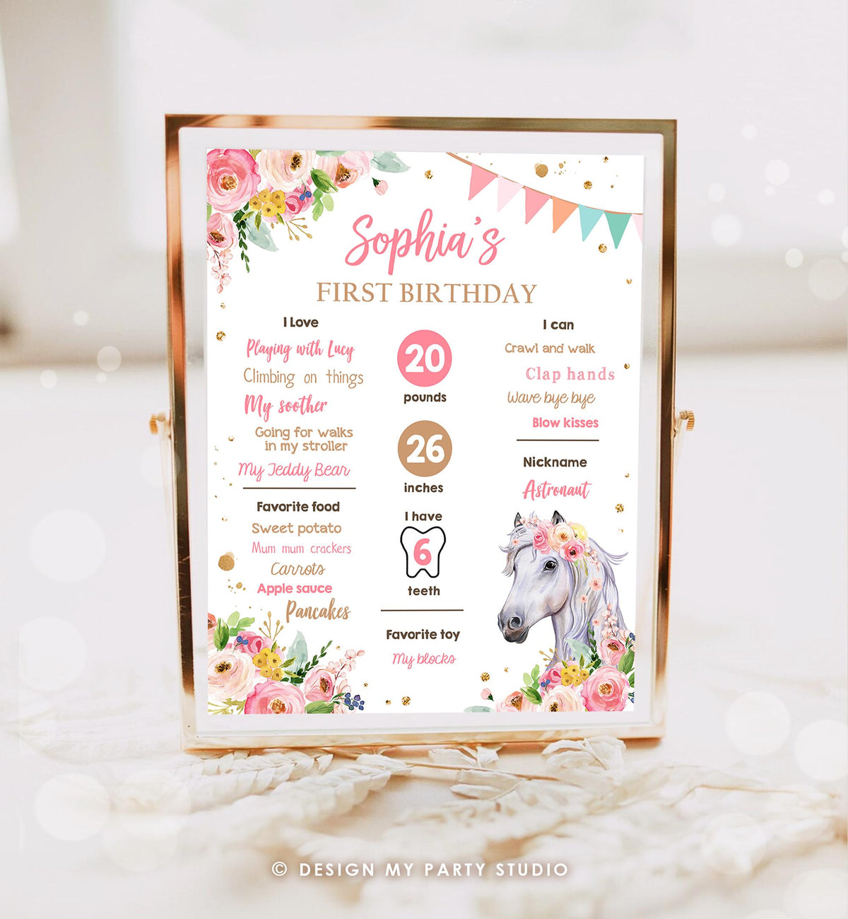 Editable Horse Birthday Milestones Sign First Birthday 1st Disco Rodeo Western Girl Pink Floral Download Digital Template Printable 0408