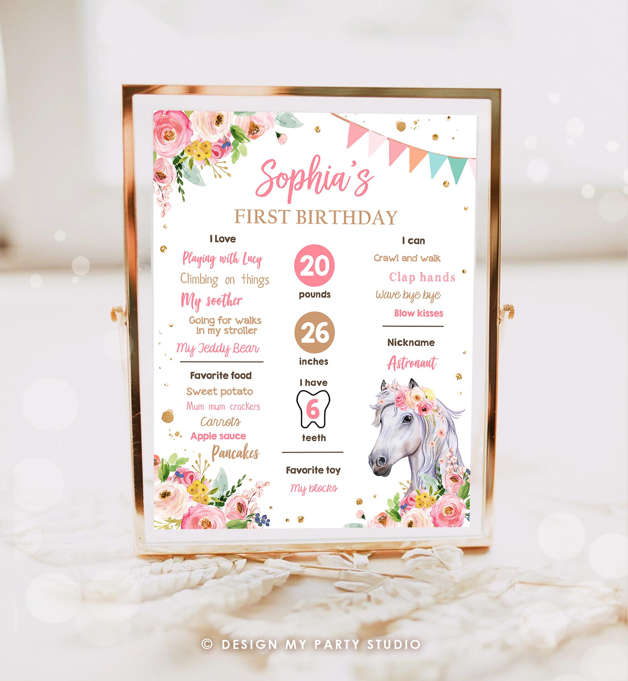 Editable Horse Birthday Milestones Sign First Birthday 1st Disco Rodeo Western Girl Pink Floral Download Digital Template Printable 0408