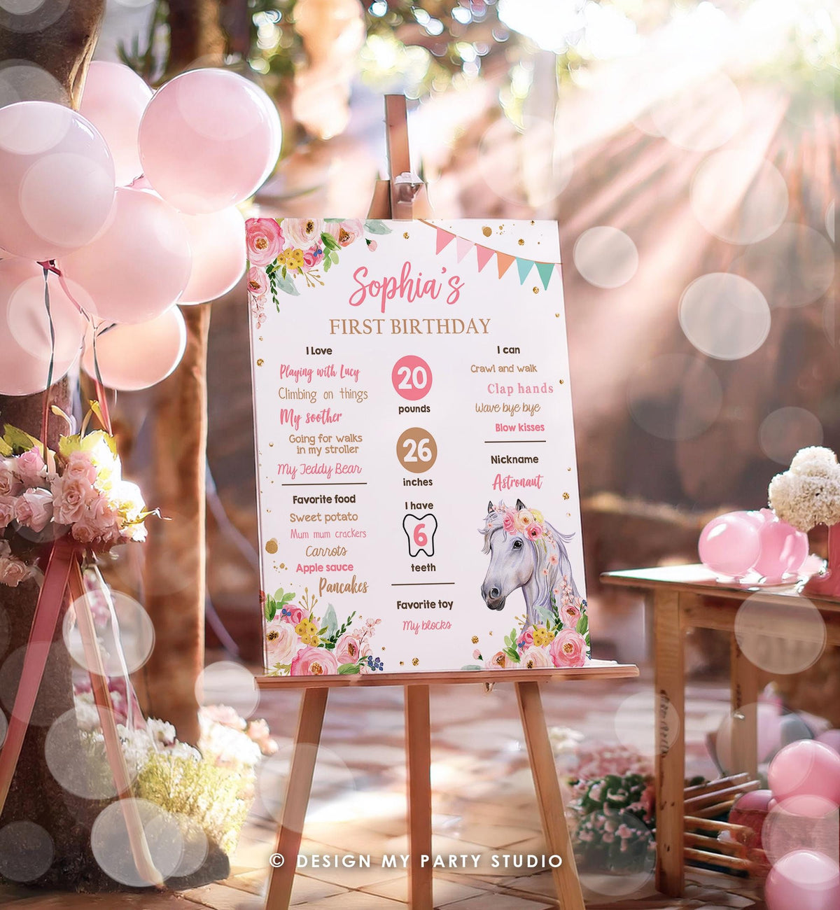 Editable Horse Birthday Milestones Sign First Birthday 1st Disco Rodeo Western Girl Pink Floral Download Digital Template Printable 0408