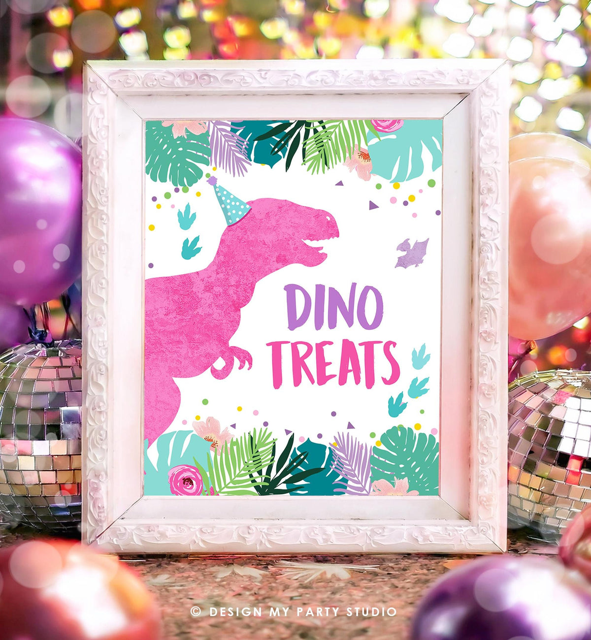 Dino Treats Dinosaur Birthday Sign Food Table Treat Decor Dino Party Girl Pink Prehistoric Snacks Sweets Digital Download Printable 0423