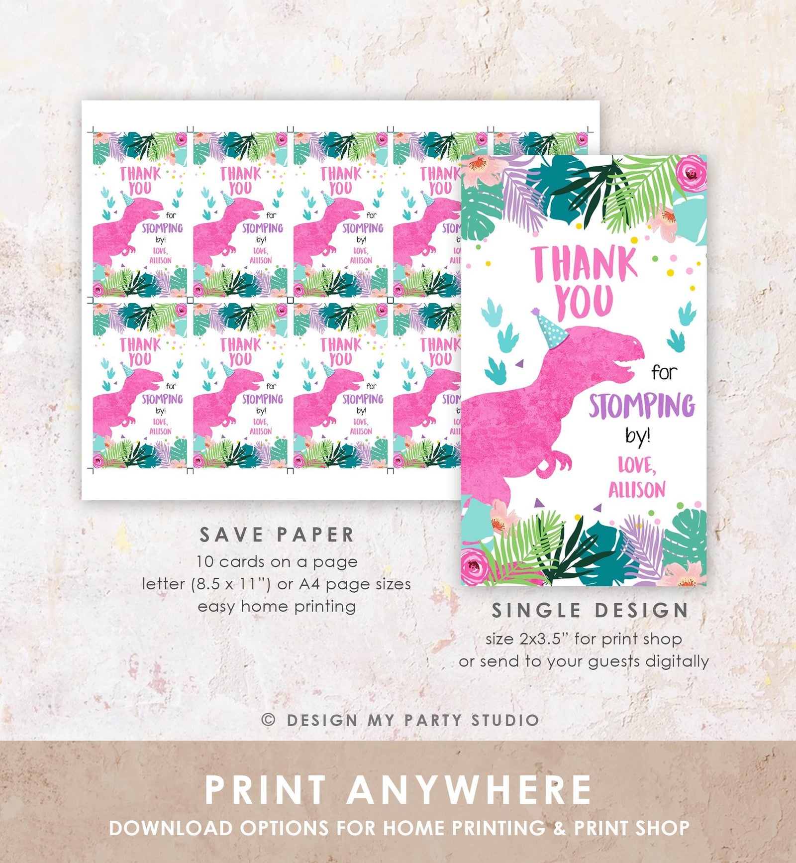 Editable Dinosaur Birthday Favor Tag Gift Tag Girl Pink T-Rex Three Rex Thank You Stomping By Dino Party Digital Template Printable 0423