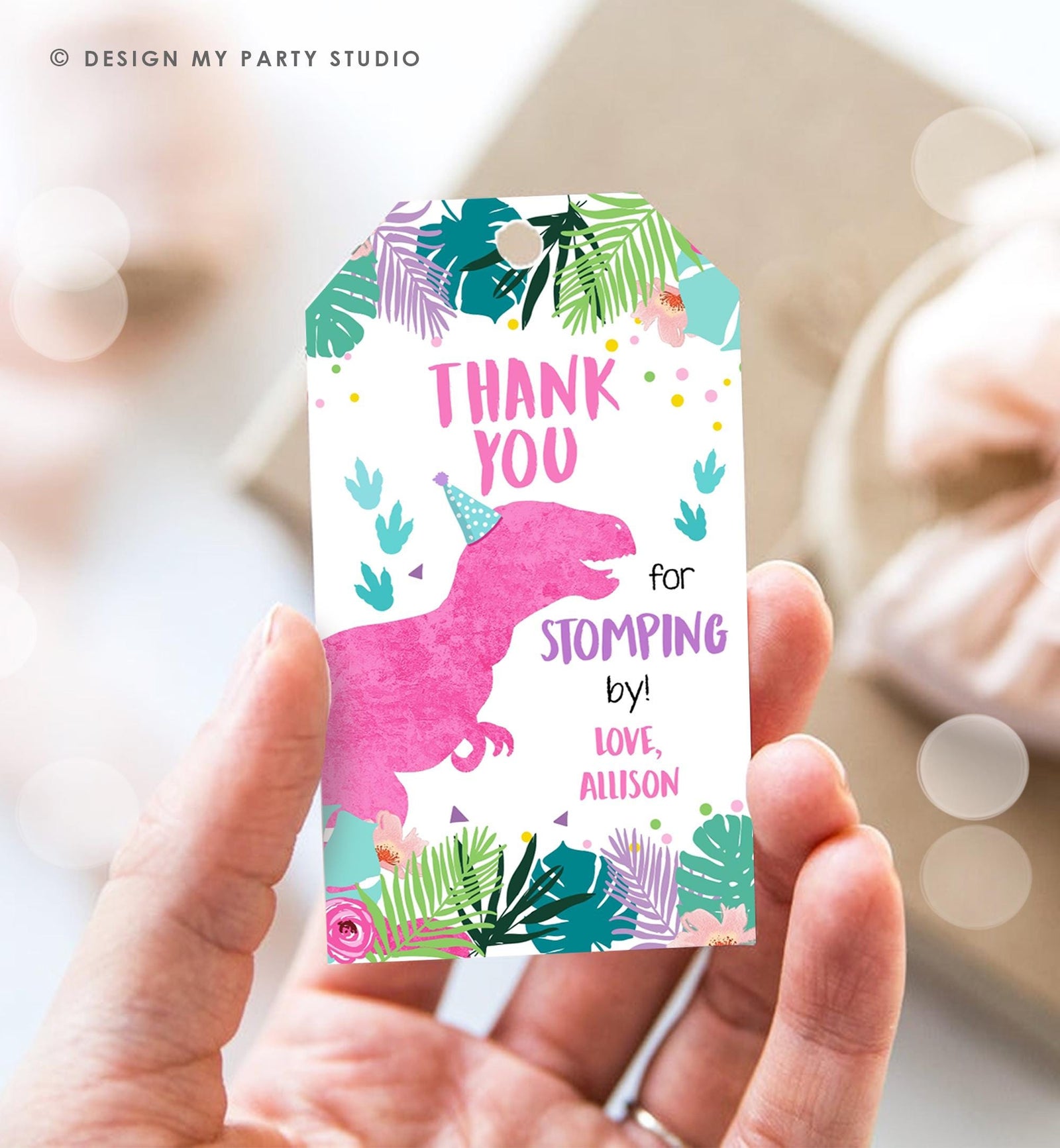 Editable Dinosaur Birthday Favor Tag Gift Tag Girl Pink T-Rex Three Rex Thank You Stomping By Dino Party Digital Template Printable 0423