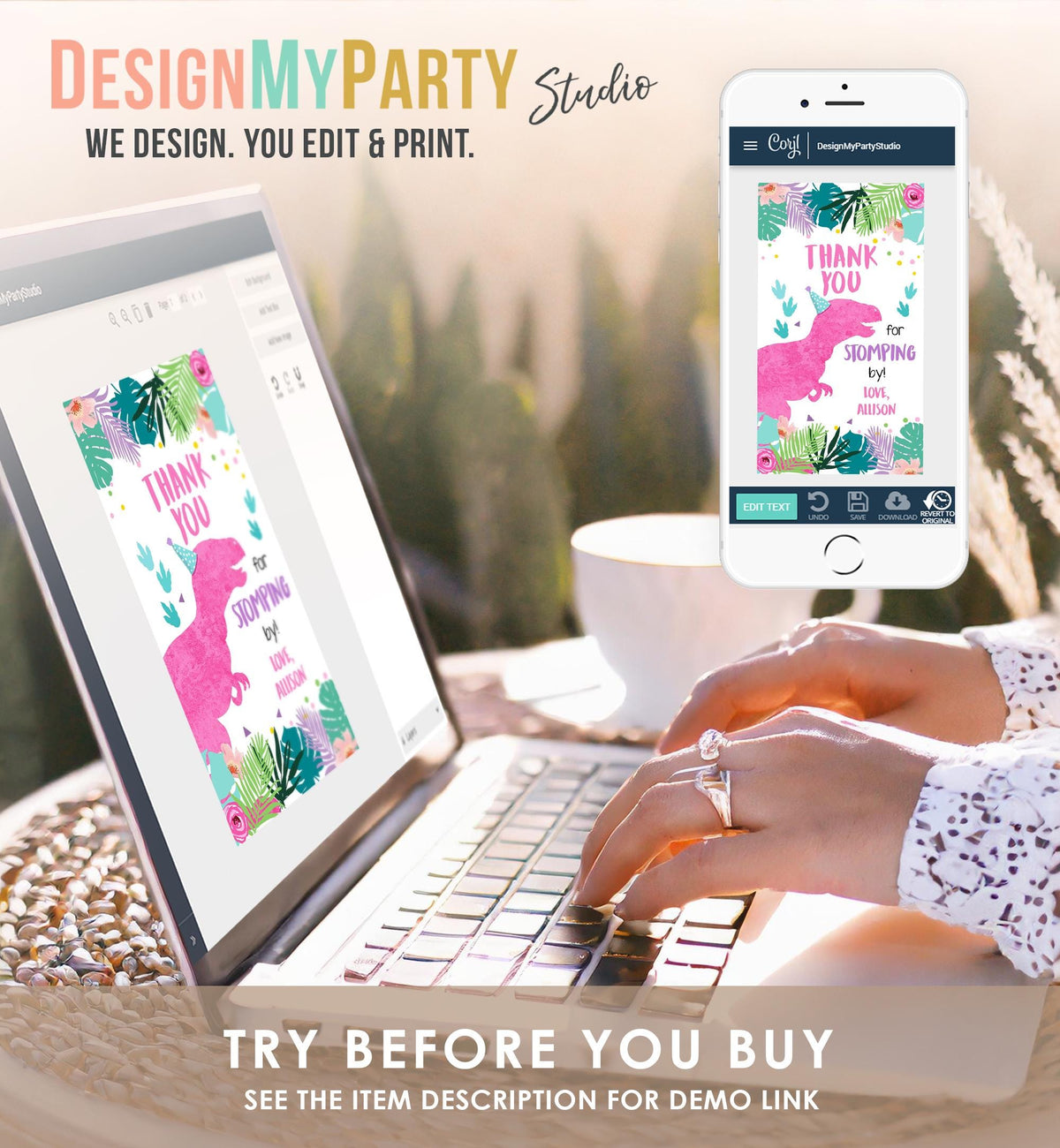 Editable Dinosaur Birthday Favor Tag Gift Tag Girl Pink T-Rex Three Rex Thank You Stomping By Dino Party Digital Template Printable 0423