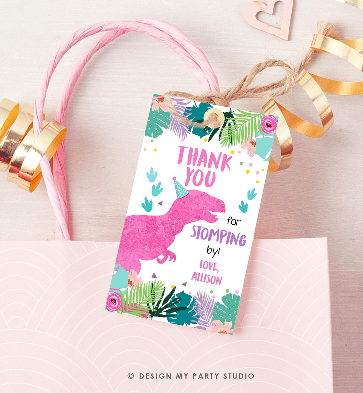 Editable Dinosaur Birthday Favor Tag Gift Tag Girl Pink T-Rex Three Rex Thank You Stomping By Dino Party Digital Template Printable 0423