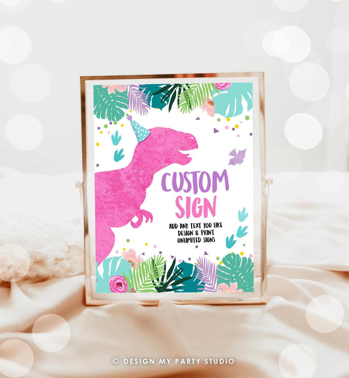 Editable Custom Dinosaur Birthday Sign Decor Dino Party Table Sign Girl Pink T-Rex 8x10 Party Three Rex Digital Template Printable 0423