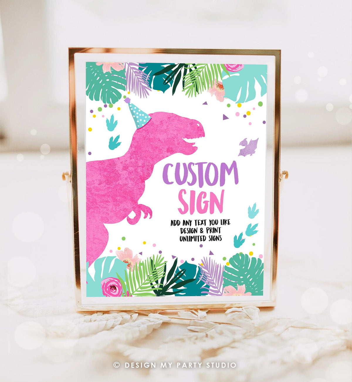 Editable Custom Dinosaur Birthday Sign Decor Dino Party Table Sign Girl Pink T-Rex 8x10 Party Three Rex Digital Template Printable 0423