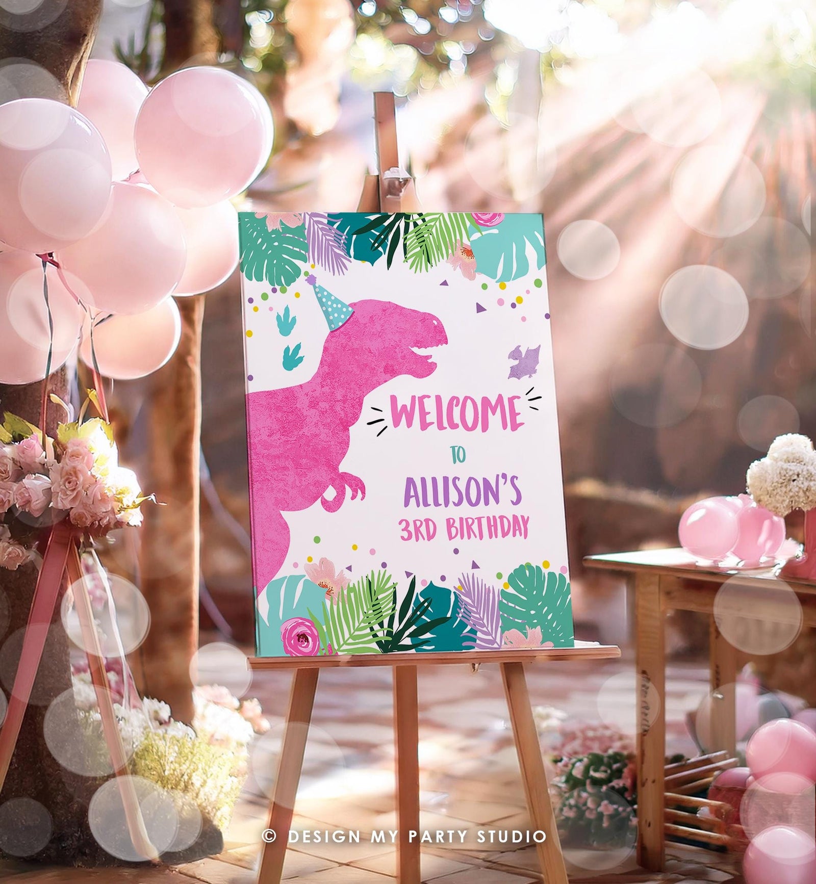 Editable Dinosaur Welcome Sign Girl Pink T-Rex Dino Dig Party Dinosaur Birthday Sign Table Sign Digital Download Template Printable 0423