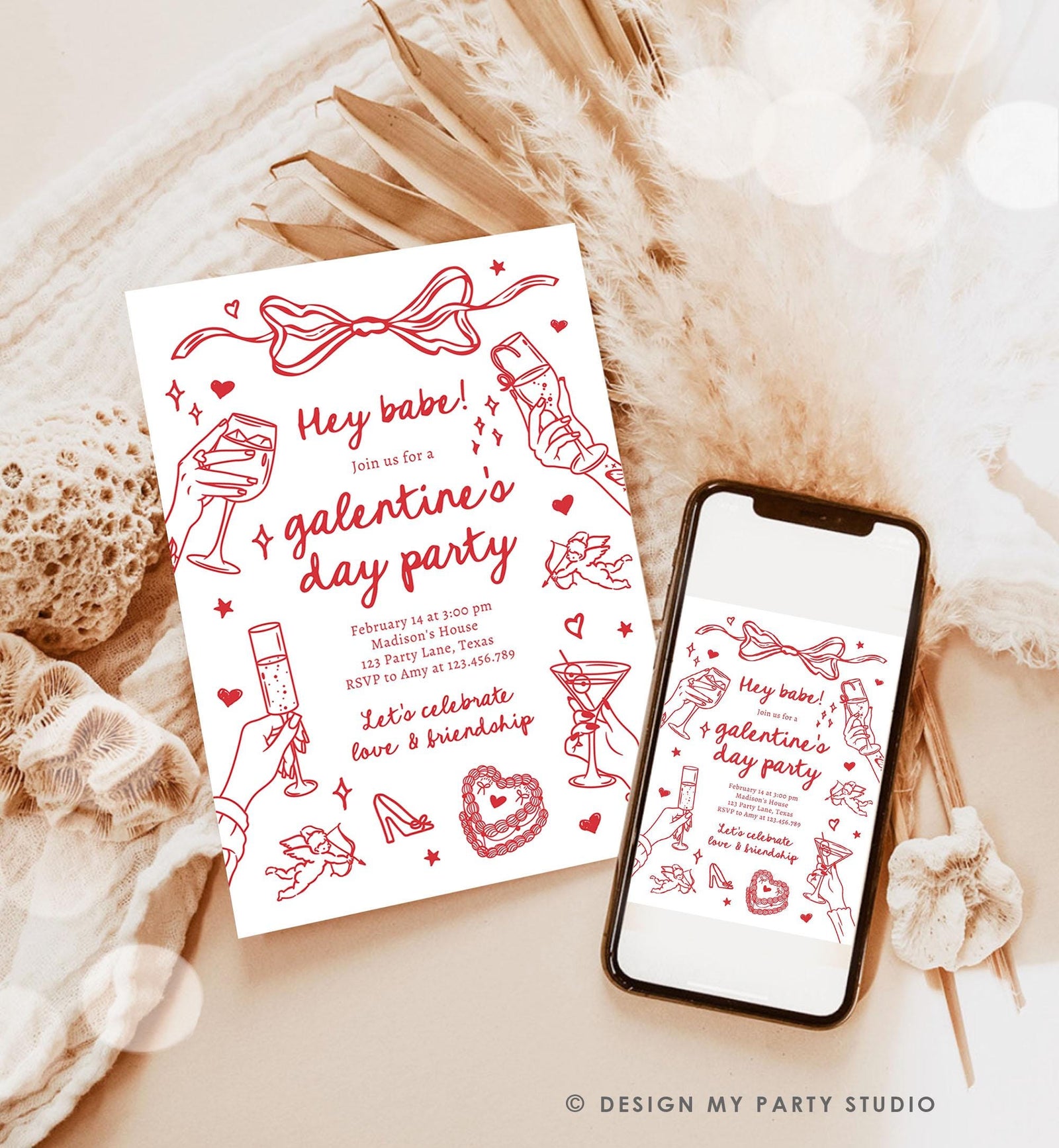 Editable Galentine's Day Invitation Galentines Party Valentine Friends Girls Night Hand Drawn Coquette Bow Cupid Evite Template Digital 0530