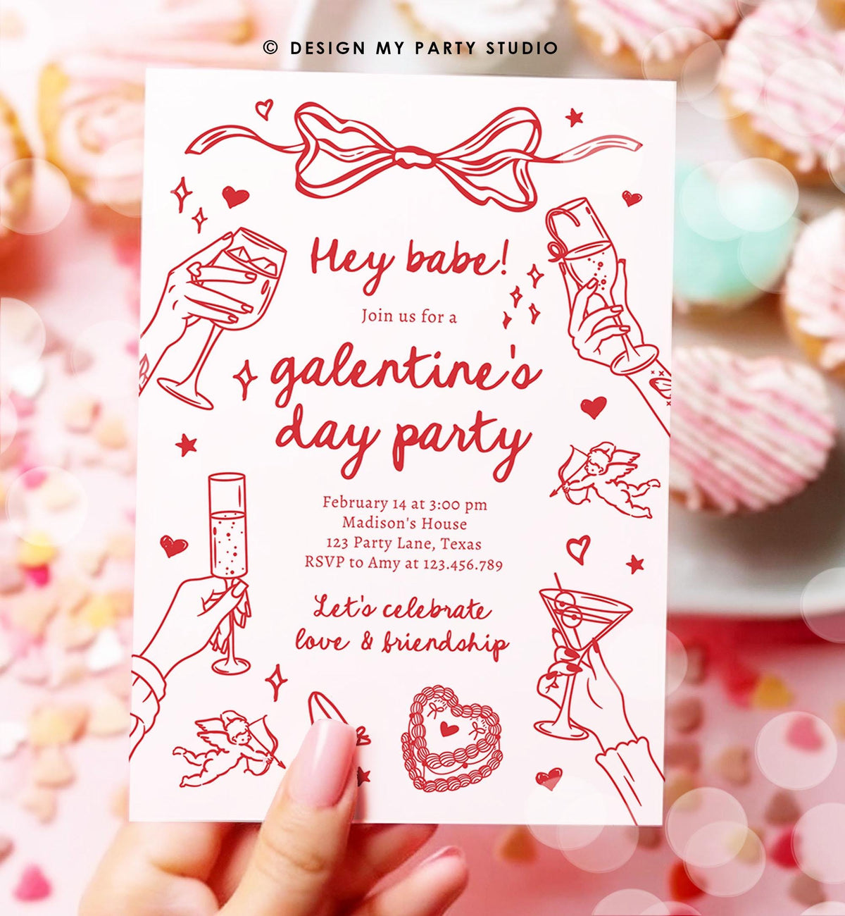 Editable Galentine&#39;s Day Invitation Galentines Party Valentine Friends Girls Night Hand Drawn Coquette Bow Cupid Evite Template Digital 0530