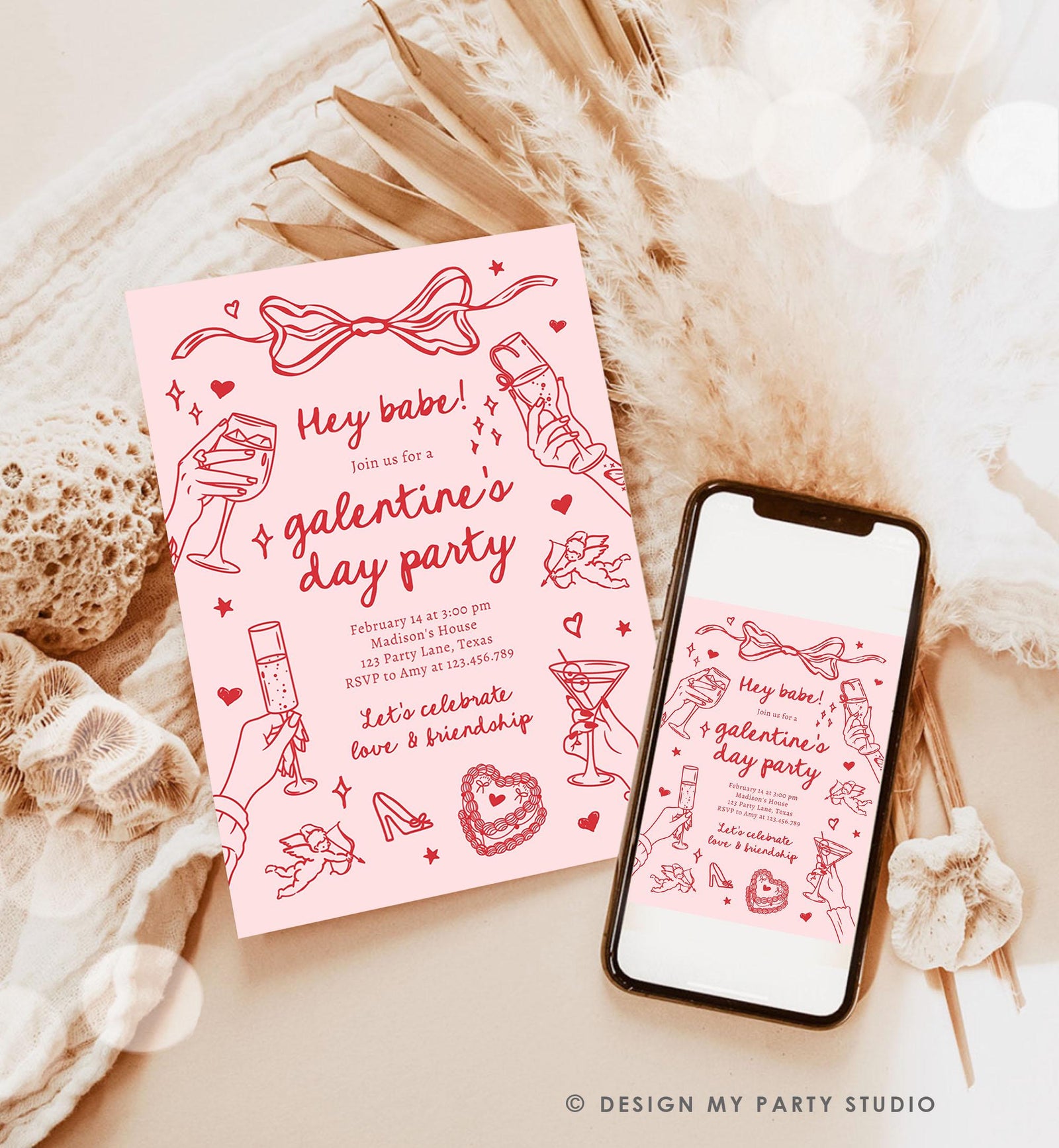 Editable Galentine's Day Invitation Galentines Party Valentine Friends Girls Night Hand Drawn Coquette Bow Cupid Evite Template Digital 0530