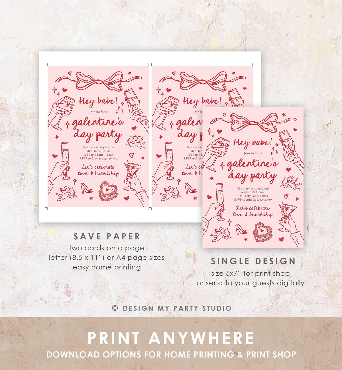 Editable Galentine&#39;s Day Invitation Galentines Party Valentine Friends Girls Night Hand Drawn Coquette Bow Cupid Evite Template Digital 0530