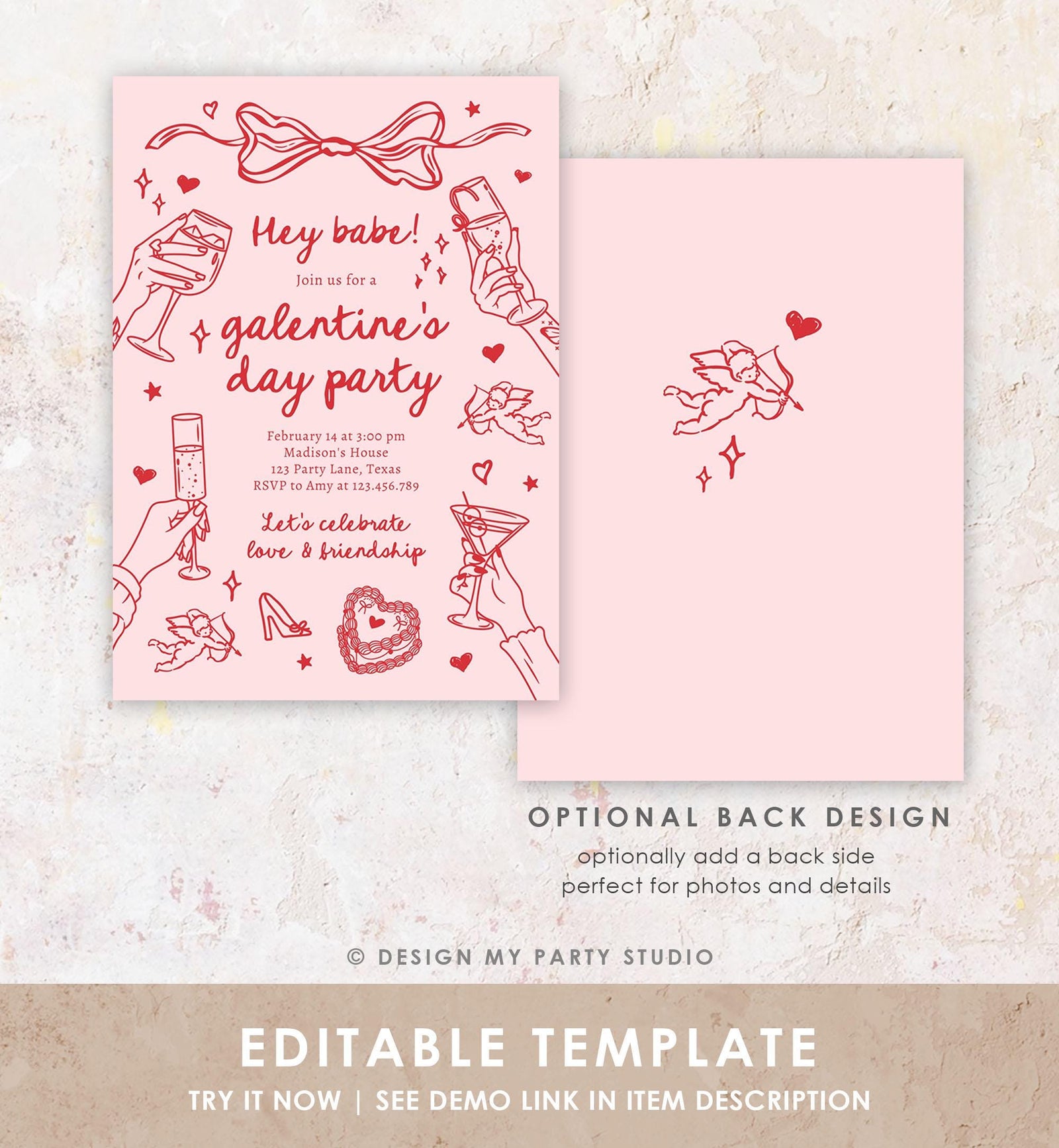 Editable Galentine's Day Invitation Galentines Party Valentine Friends Girls Night Hand Drawn Coquette Bow Cupid Evite Template Digital 0530