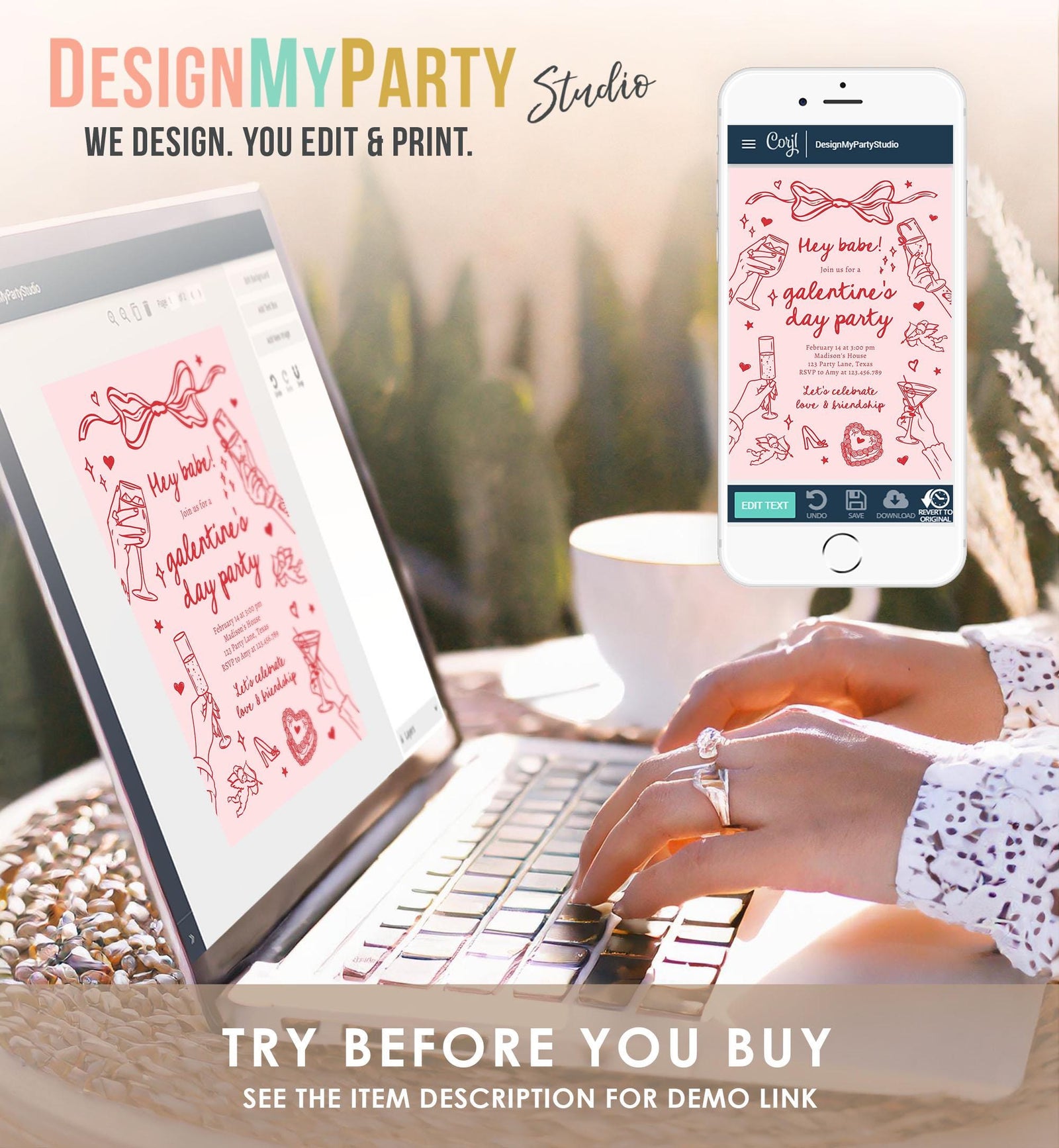 Editable Galentine's Day Invitation Galentines Party Valentine Friends Girls Night Hand Drawn Coquette Bow Cupid Evite Template Digital 0530