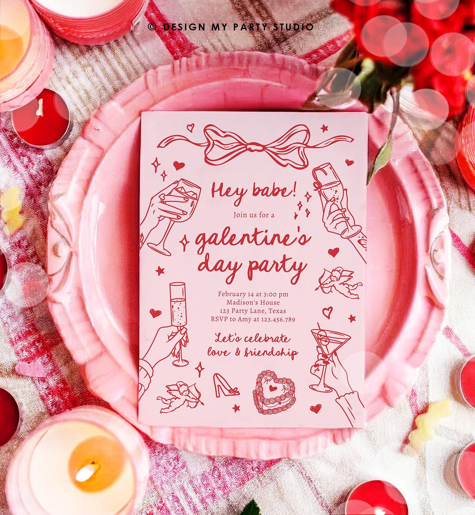 Editable Galentine's Day Invitation Galentines Party Valentine Friends Girls Night Hand Drawn Coquette Bow Cupid Evite Template Digital 0530