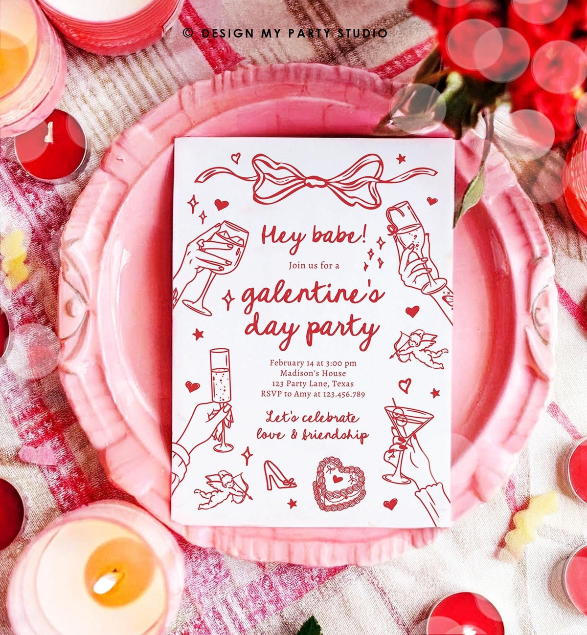 Editable Galentine&#39;s Day Invitation Galentines Party Valentine Friends Girls Night Hand Drawn Coquette Bow Cupid Evite Template Digital 0530