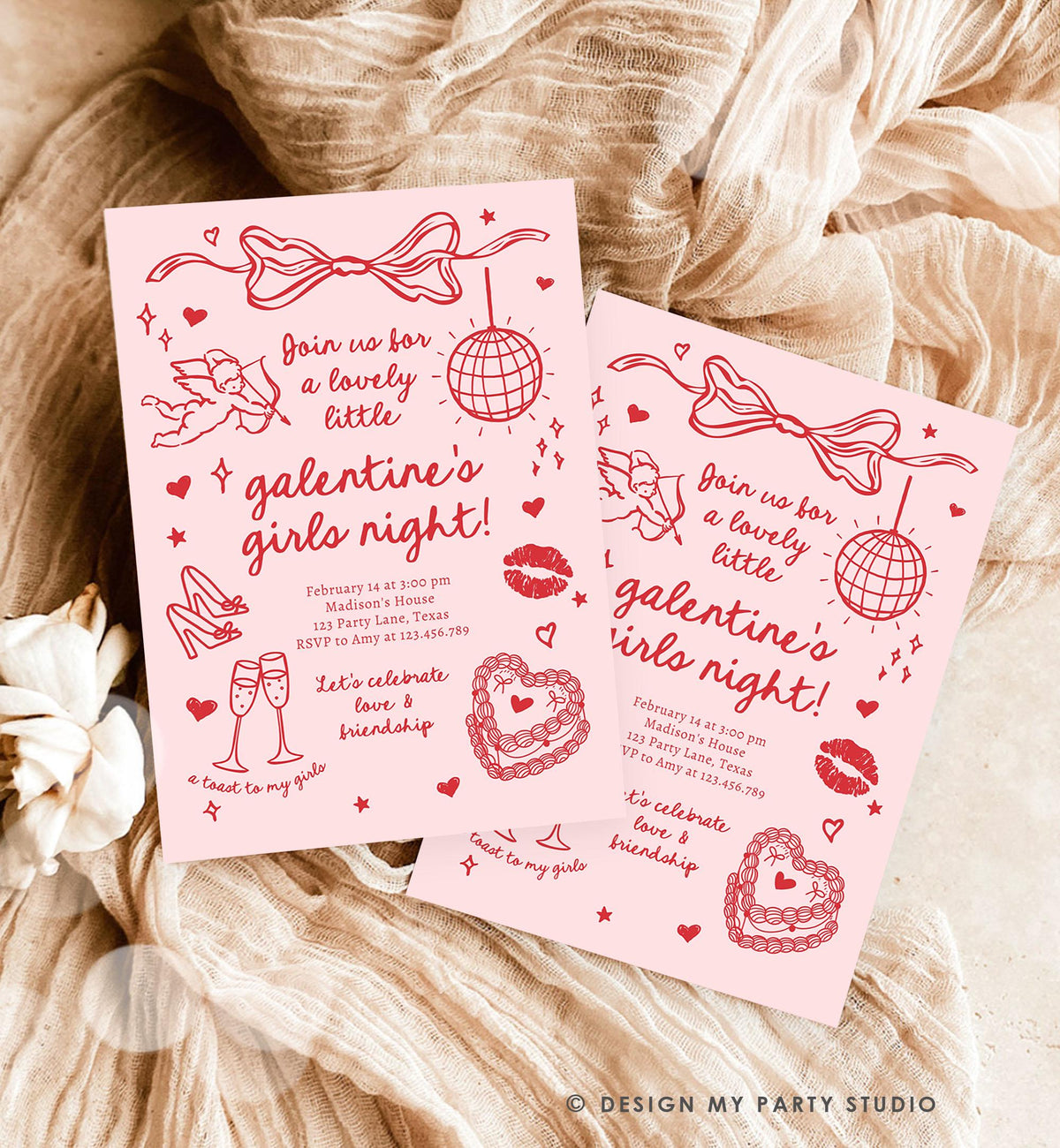 Editable Galentine&#39;s Day Invitation Galentines Girls Night Valentine Friends Hand Drawn Coquette Bow Cupid Evite Template Digital 0530