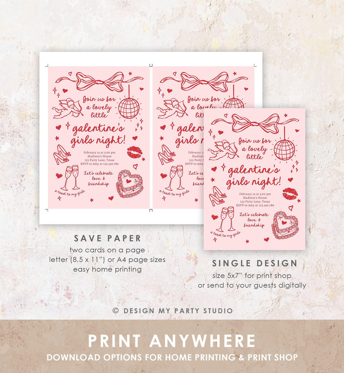 Editable Galentine&#39;s Day Invitation Galentines Girls Night Valentine Friends Hand Drawn Coquette Bow Cupid Evite Template Digital 0530