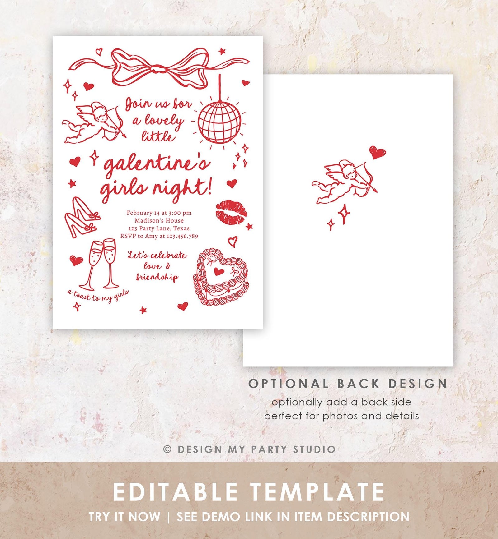 Editable Galentine's Day Invitation Galentines Girls Night Valentine Friends Hand Drawn Coquette Bow Cupid Evite Template Digital 0530