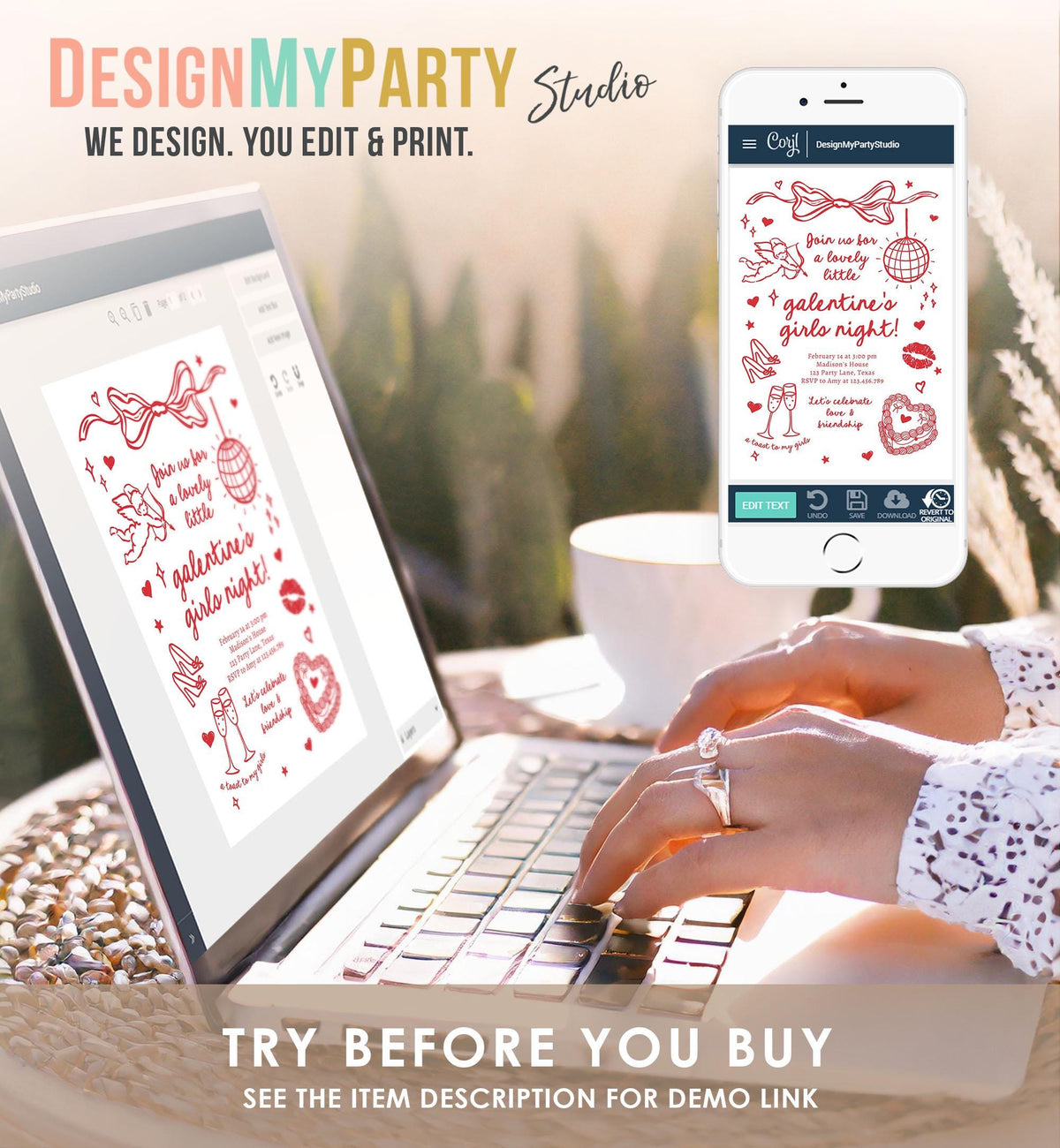 Editable Galentine&#39;s Day Invitation Galentines Girls Night Valentine Friends Hand Drawn Coquette Bow Cupid Evite Template Digital 0530