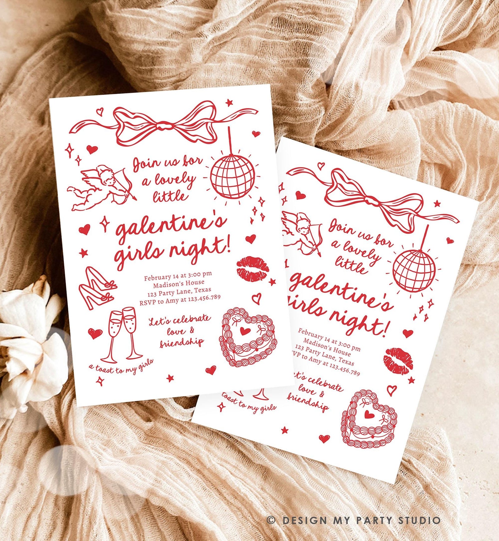 Editable Galentine's Day Invitation Galentines Girls Night Valentine Friends Hand Drawn Coquette Bow Cupid Evite Template Digital 0530