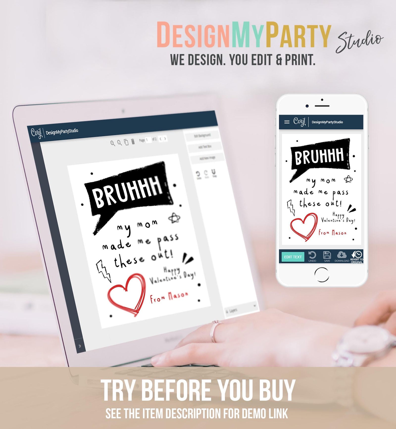 Editable Funny Valentine's Day Card Slang Valentine Kids Bruh Teen Boys Tween Tag Kids School Classroom Card Digital Template Printable 0370