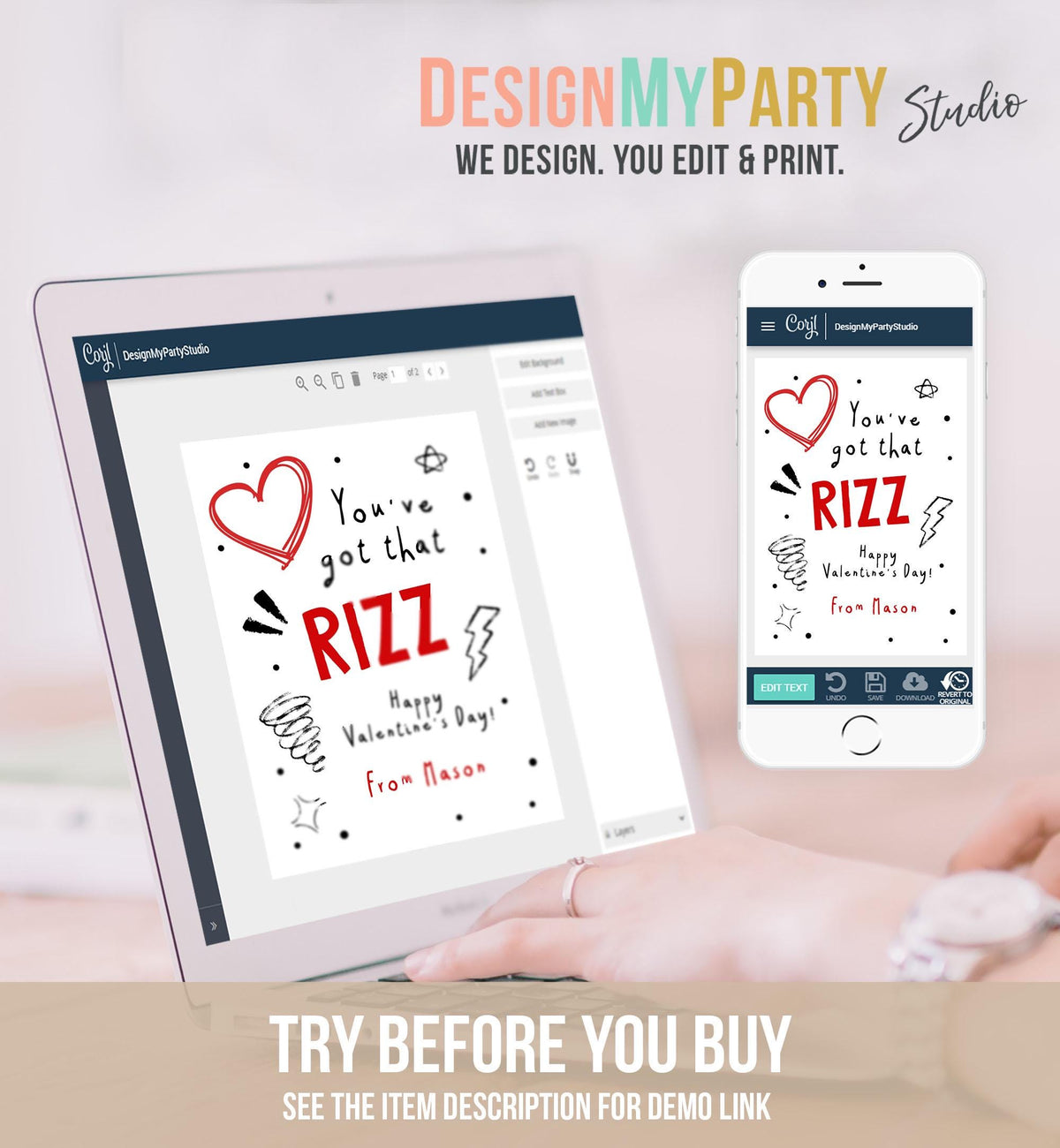 Editable Funny Valentine&#39;s Day Card Slang Valentine Kids Rizz Teen Boys Tween Tag Kids School Classroom Card Digital Template Printable 0370