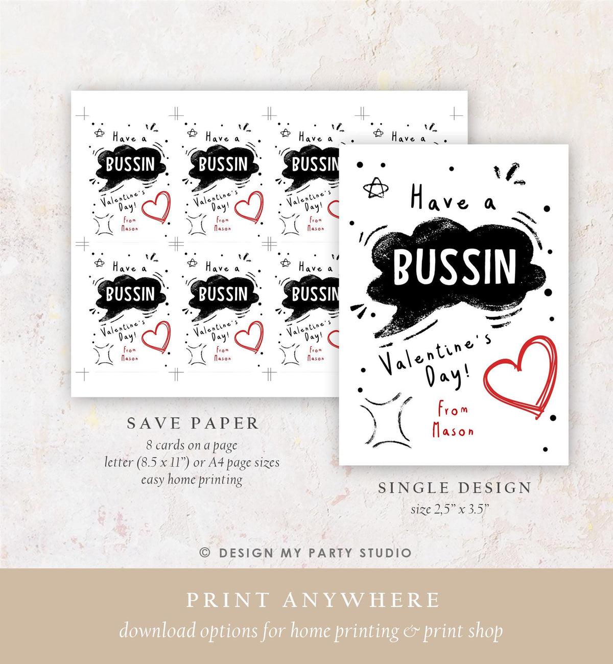 Editable Funny Valentine&#39;s Day Card Slang Valentine Kids Bussin Teen Boys Tween Tag Kids School Classroom Digital Template Printable 0370