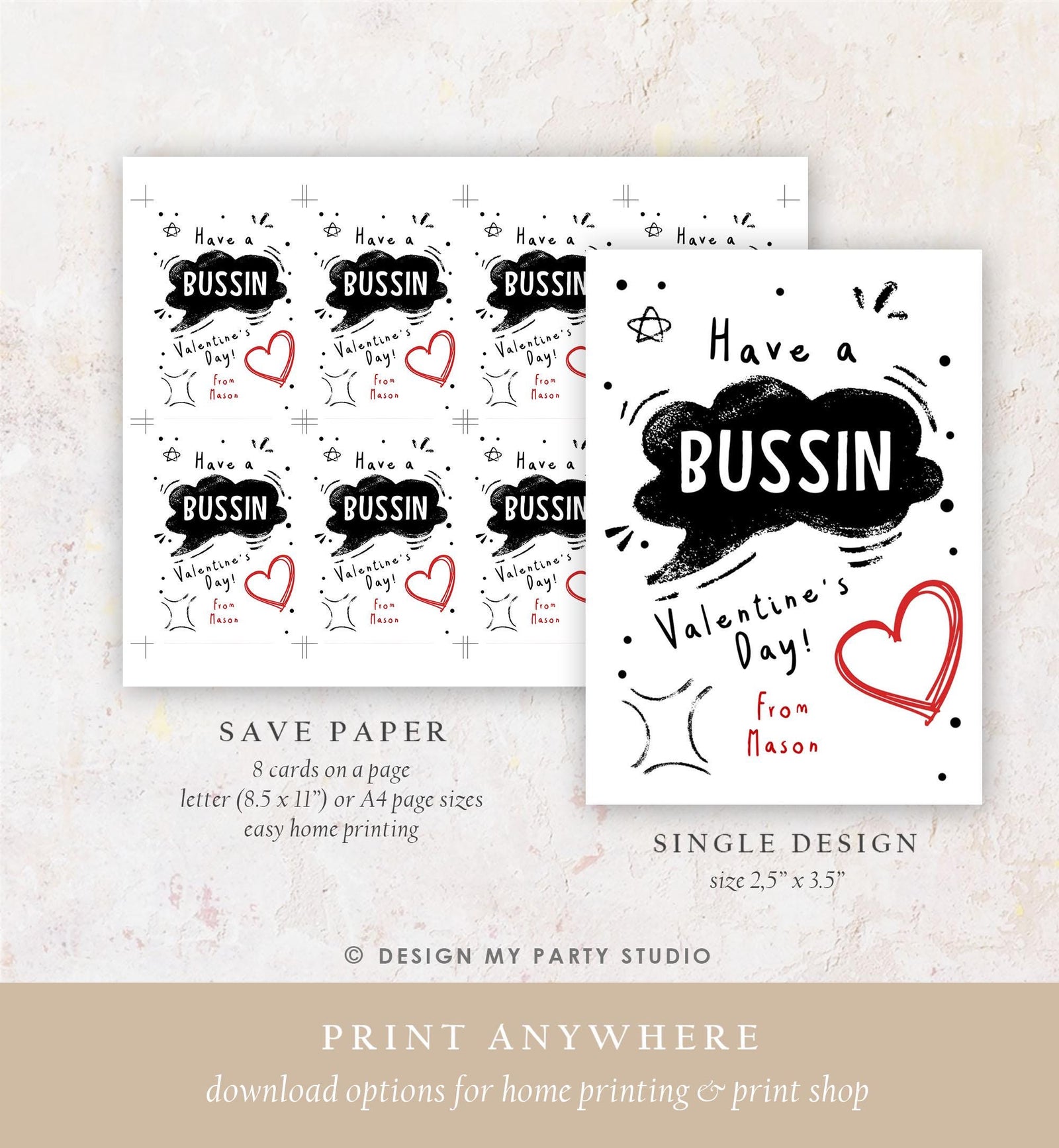 Editable Funny Valentine's Day Card Slang Valentine Kids Bussin Teen Boys Tween Tag Kids School Classroom Digital Template Printable 0370