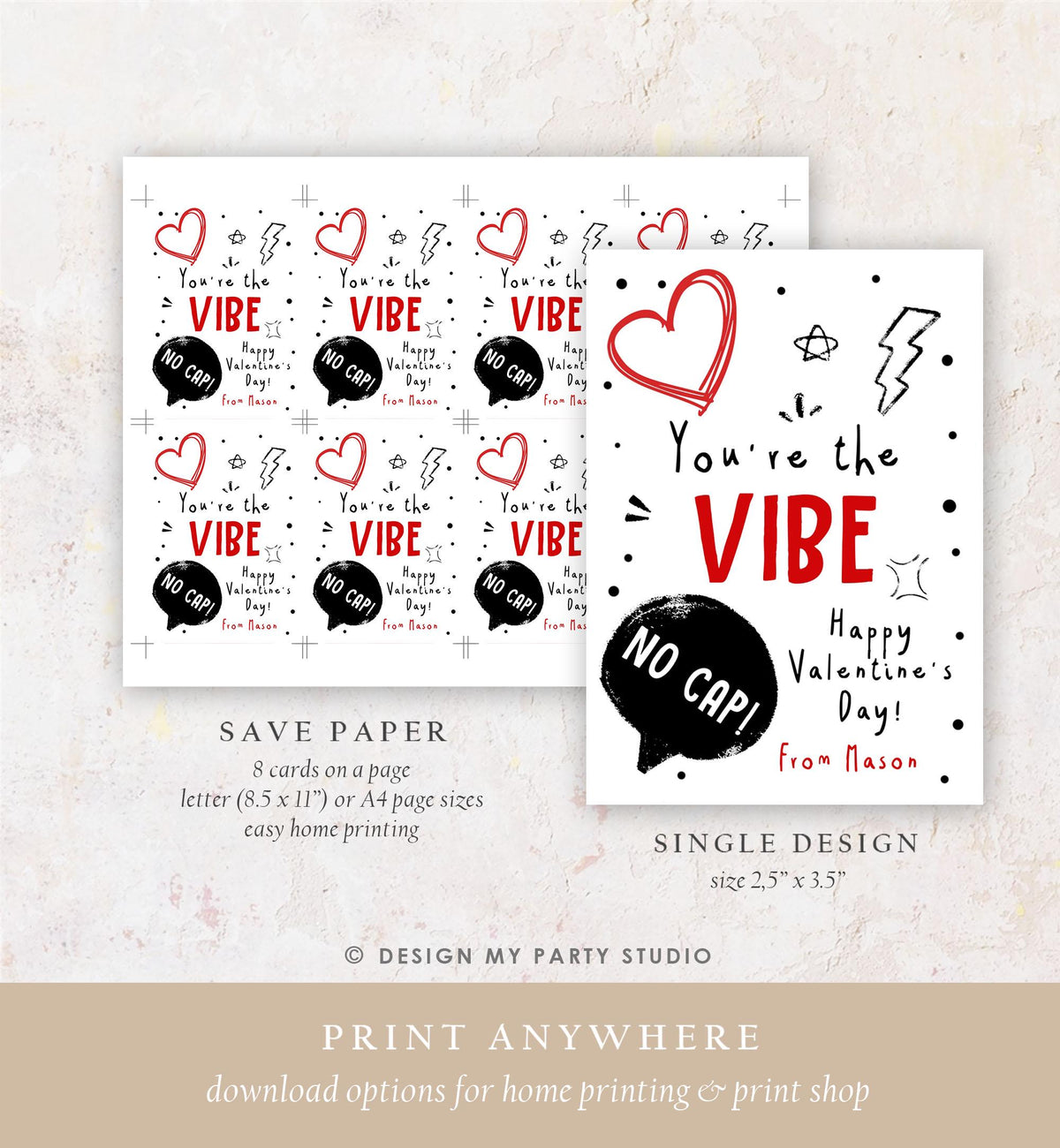 Editable Funny Valentine&#39;s Day Card Slang Valentine Kids Vibe Cap Teen Boys Tween Tag Kids School Classroom Digital Template Printable 0370