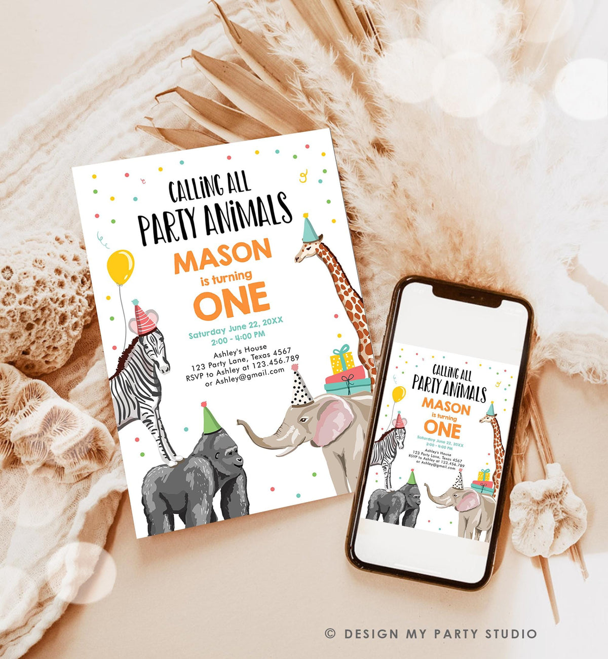 Editable Party Animals Birthday Invitation Wild One Animals Invitation Zoo Safari Animals Boy Download Digital Template Printable 0142