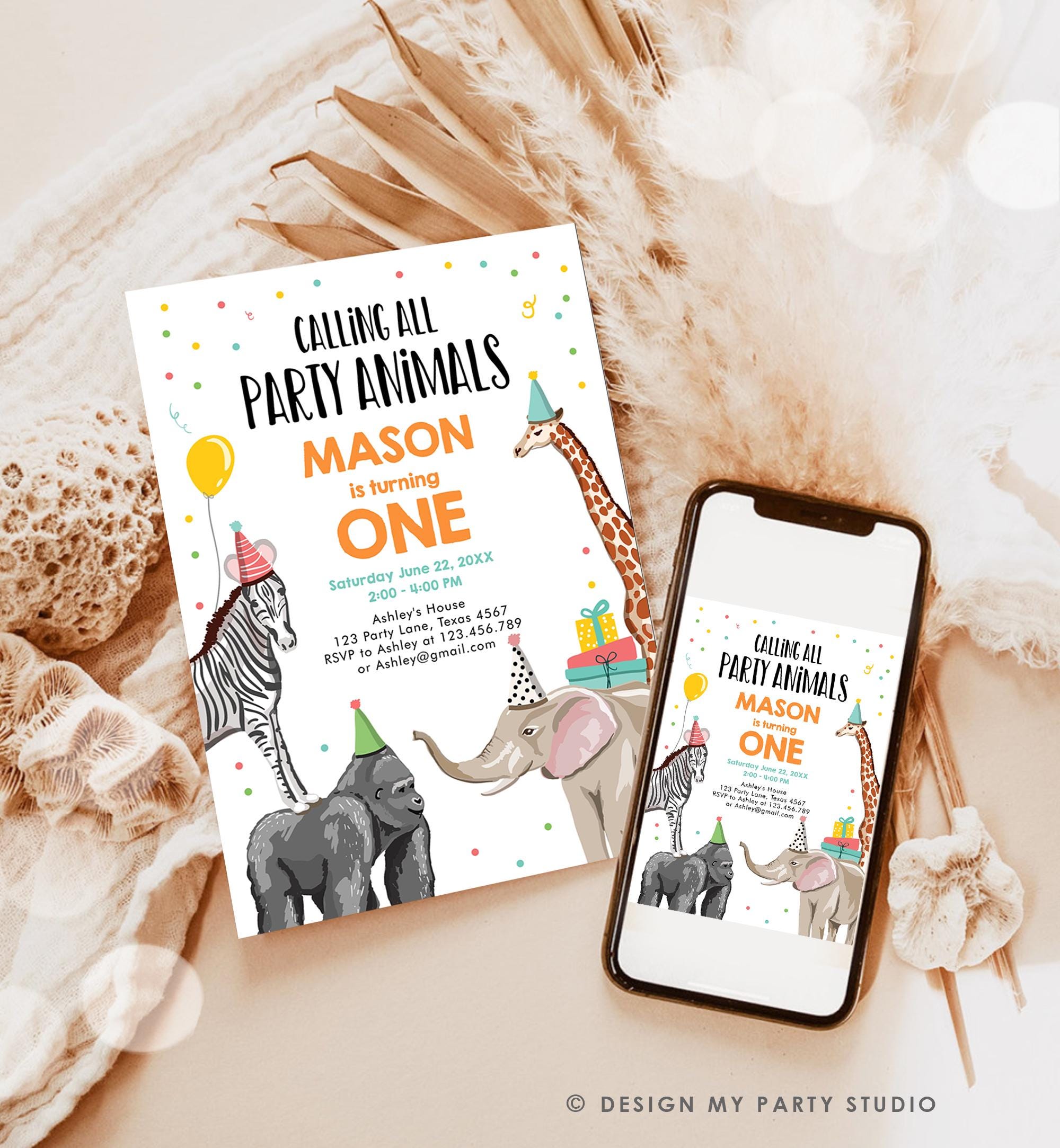Editable Party Animals Birthday Invitation Wild One Animals Invitation Zoo Safari Animals Boy Download Digital Template Printable 0142