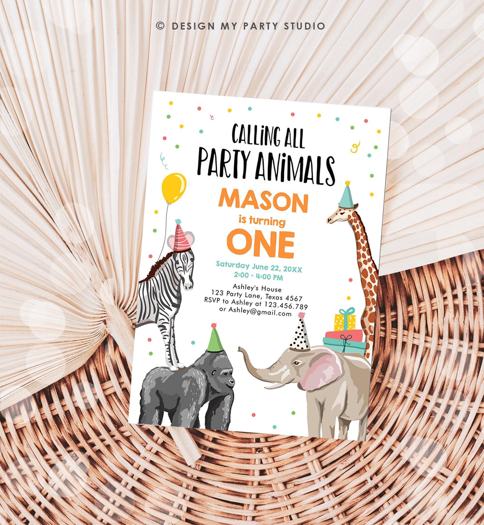 Editable Party Animals Birthday Invitation Wild One Animals Invitation Zoo Safari Animals Boy Download Digital Template Printable 0142