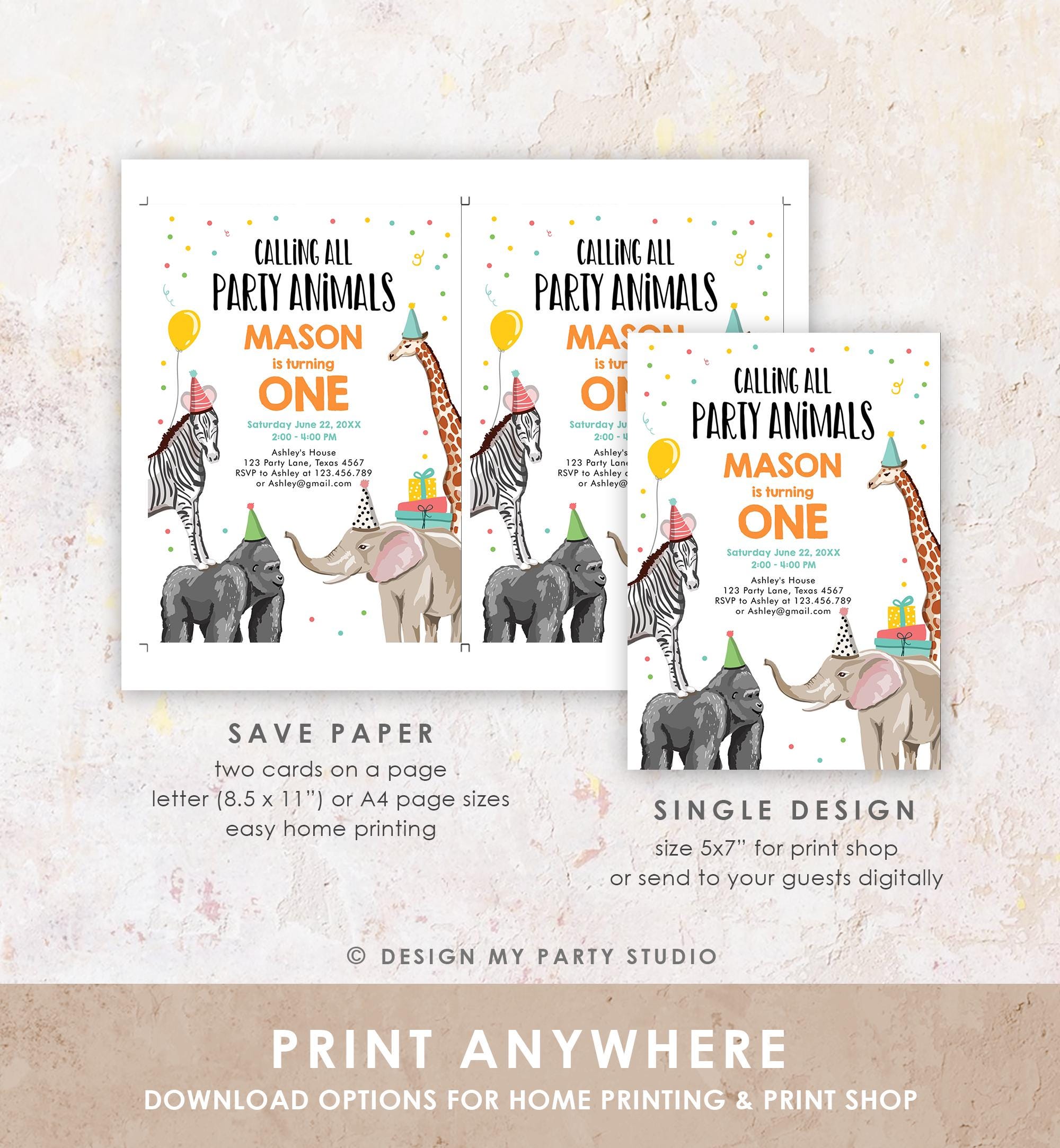 Editable Party Animals Birthday Invitation Wild One Animals Invitation Zoo Safari Animals Boy Download Digital Template Printable 0142