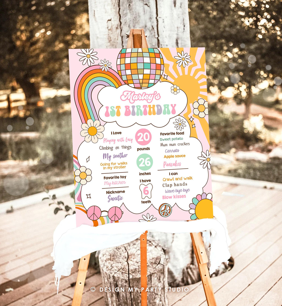 Editable Retro Groovy Birthday Milestones Sign Girl 1st First Hippie Flower Power 70&#39;s Boho Download Digital Template Printable 0538