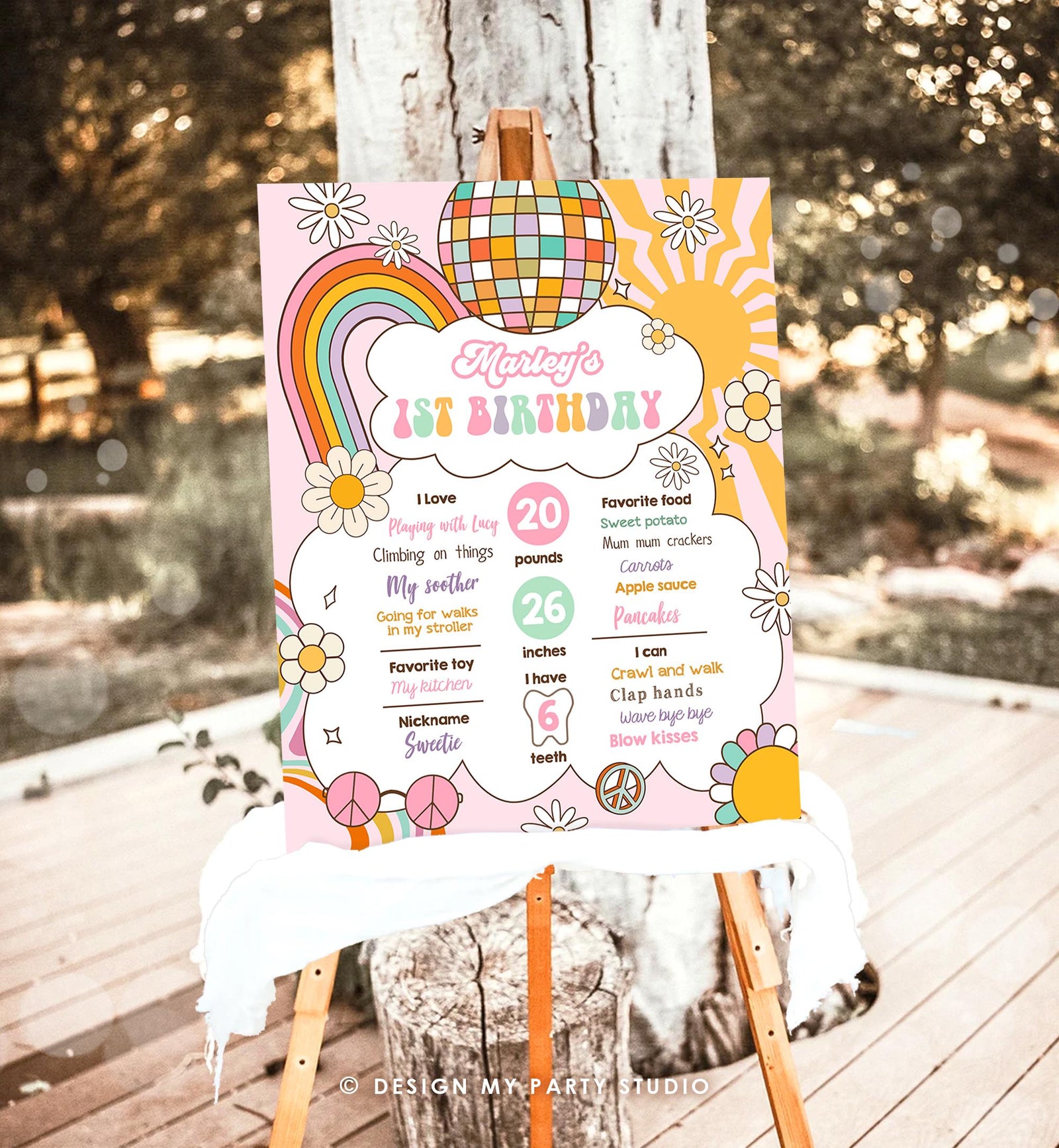 Editable Retro Groovy Birthday Milestones Sign Girl 1st First Hippie Flower Power 70's Boho Download Digital Template Printable 0538