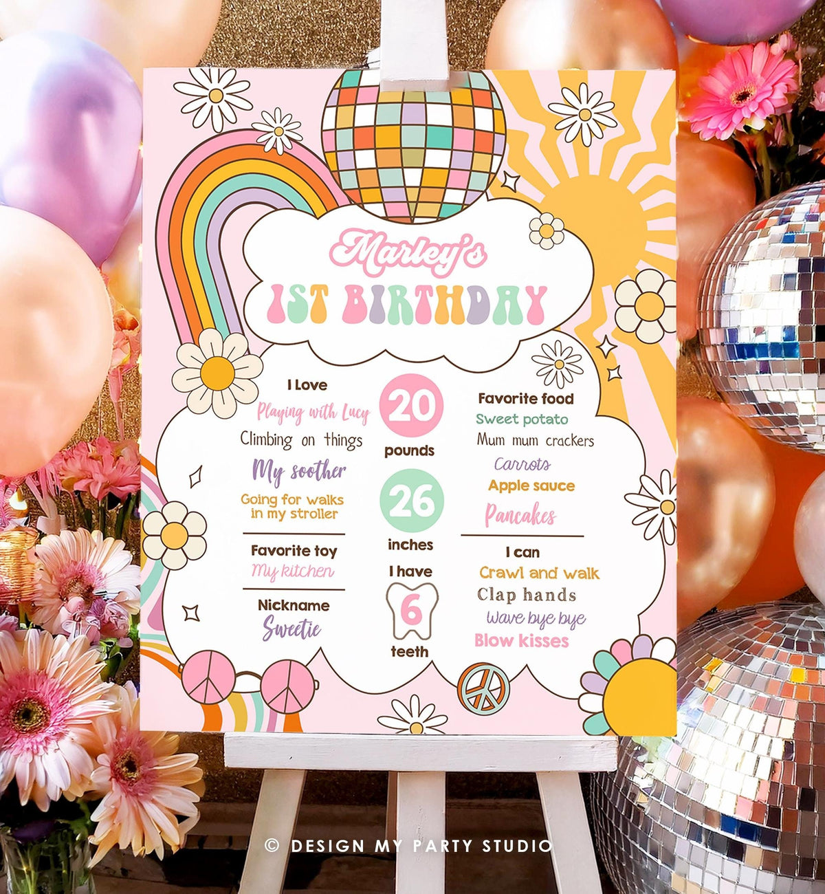 Editable Retro Groovy Birthday Milestones Sign Girl 1st First Hippie Flower Power 70&#39;s Boho Download Digital Template Printable 0538