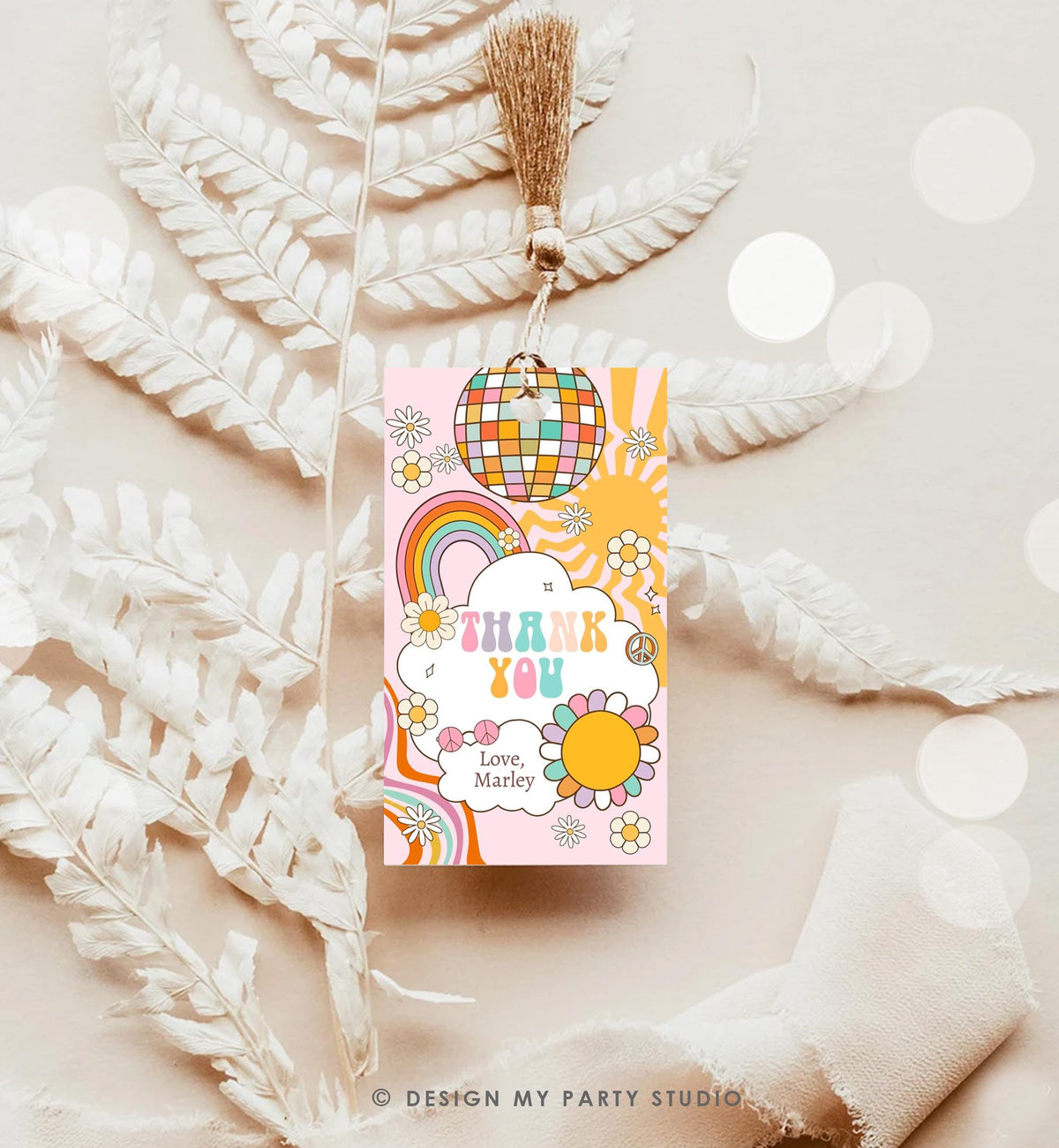 Editable Groovy Retro Favor Tag Disco Birthday Thank You Tag Girl Retro 70&#39;s Party Flower Power Hippie Digital Template Printable 0538