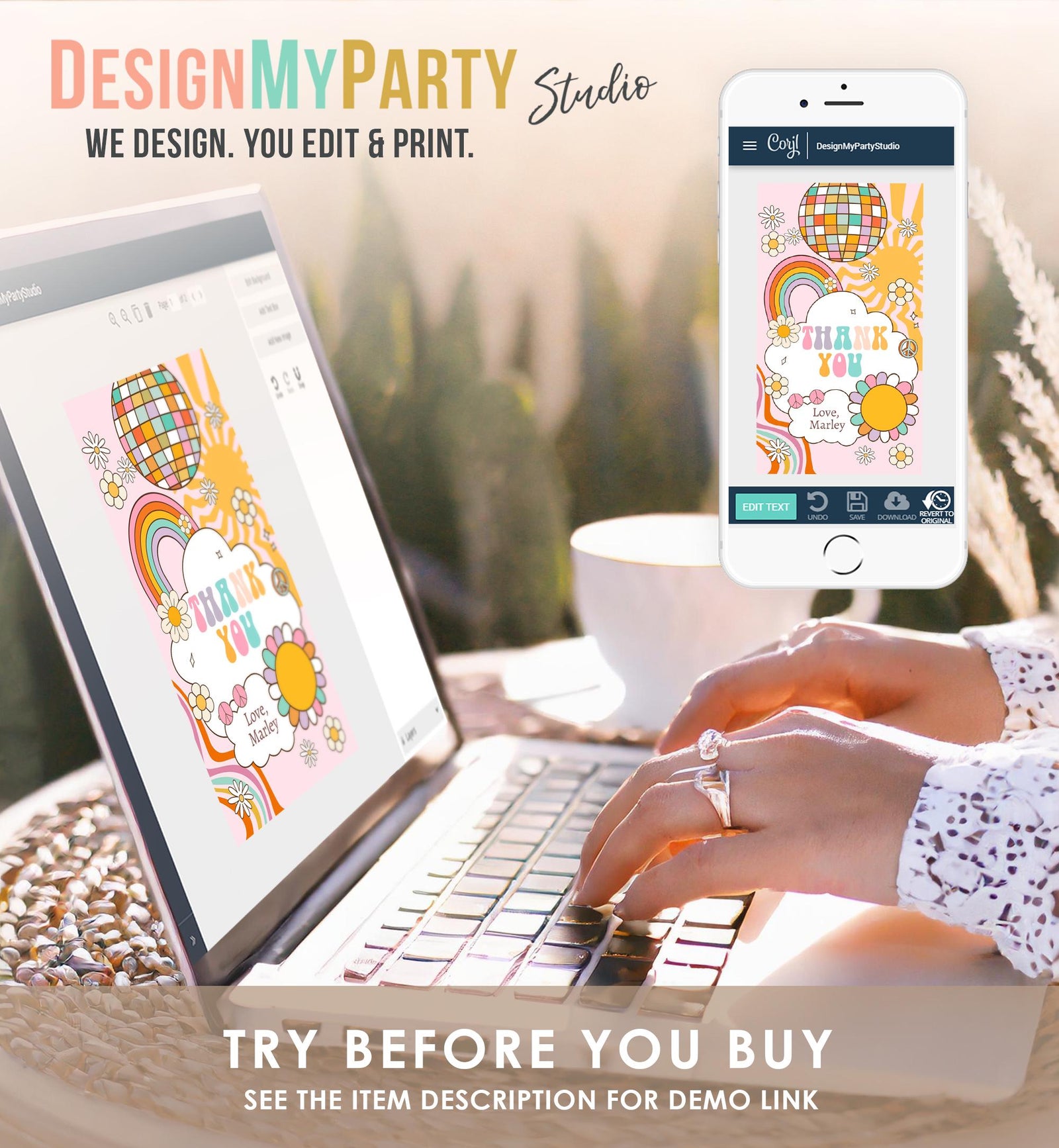 Editable Groovy Retro Favor Tag Disco Birthday Thank You Tag Girl Retro 70's Party Flower Power Hippie Digital Template Printable 0538