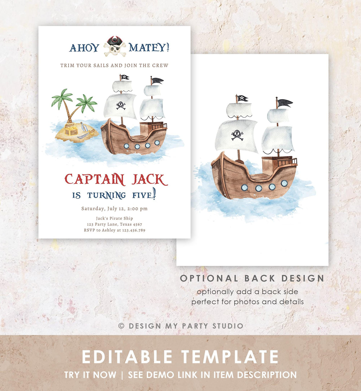 Editable Ahoy Matey Pirate Birthday Invitation Pirates Party Nautical Adventure Ship Treasure Island Digital Evite Template Printable 0531