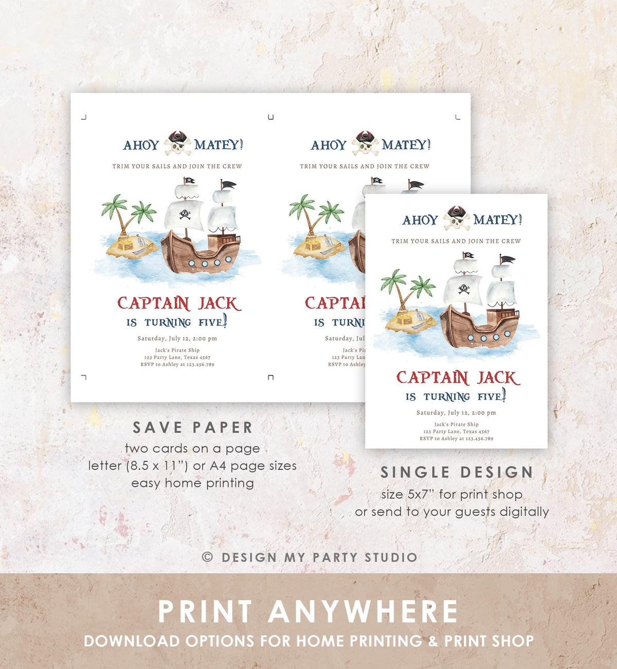 Editable Ahoy Matey Pirate Birthday Invitation Pirates Party Nautical Adventure Ship Treasure Island Digital Evite Template Printable 0531