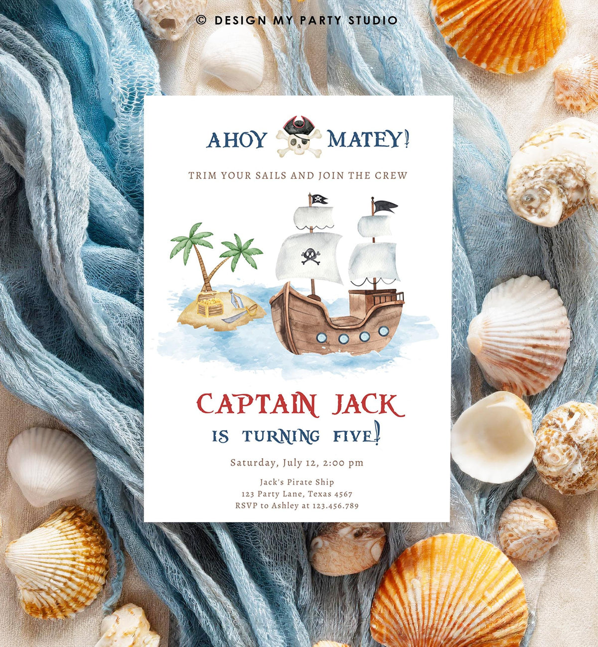 Editable Ahoy Matey Pirate Birthday Invitation Pirates Party Nautical Adventure Ship Treasure Island Digital Evite Template Printable 0531