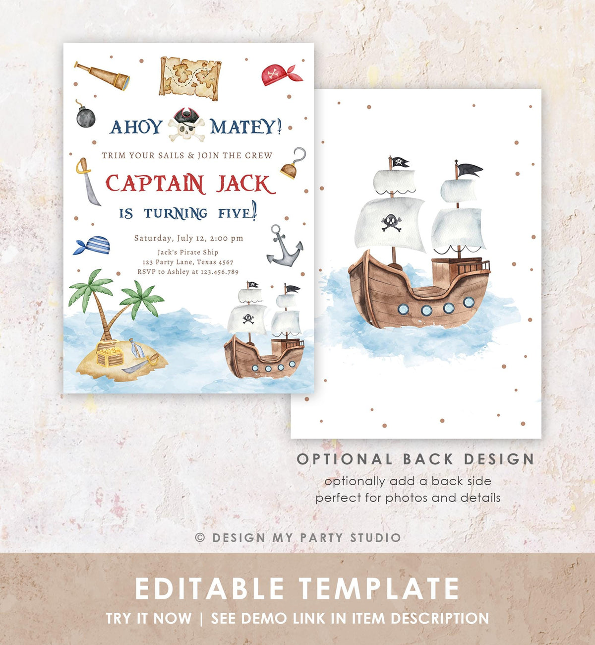 Editable Ahoy Matey Pirate Birthday Invitation Pirates Party Nautical Adventure Ship Treasure Island Digital Evite Template Printable 0531