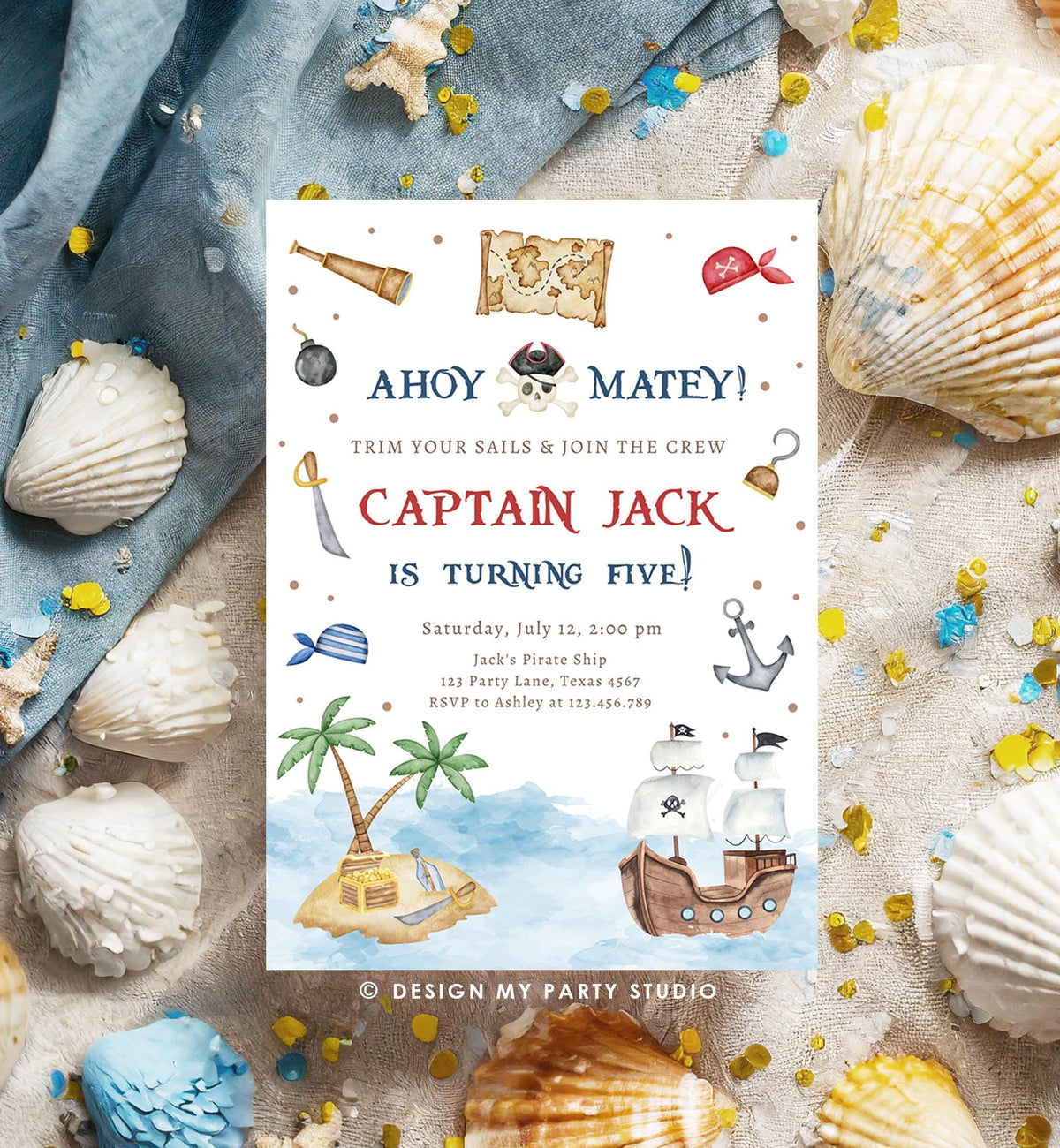 Editable Ahoy Matey Pirate Birthday Invitation Pirates Party Nautical Adventure Ship Treasure Island Digital Evite Template Printable 0531